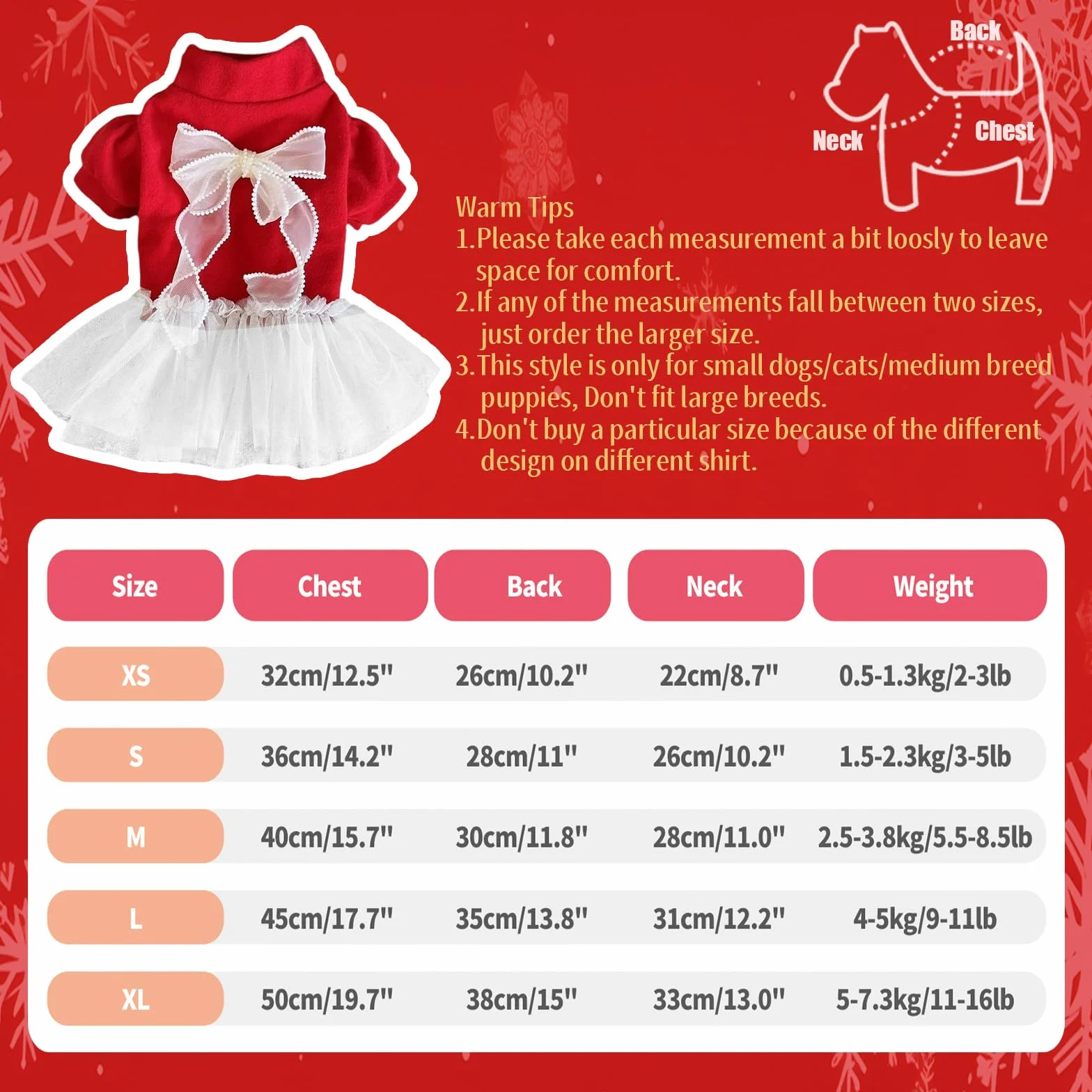 Robe de Noël pour Animal de Compagnie Motif Tulle Rouge et Blanc avec Nœud Tenue de Vacances pour Petits Chiens et Chats XL (5-7.3kg)