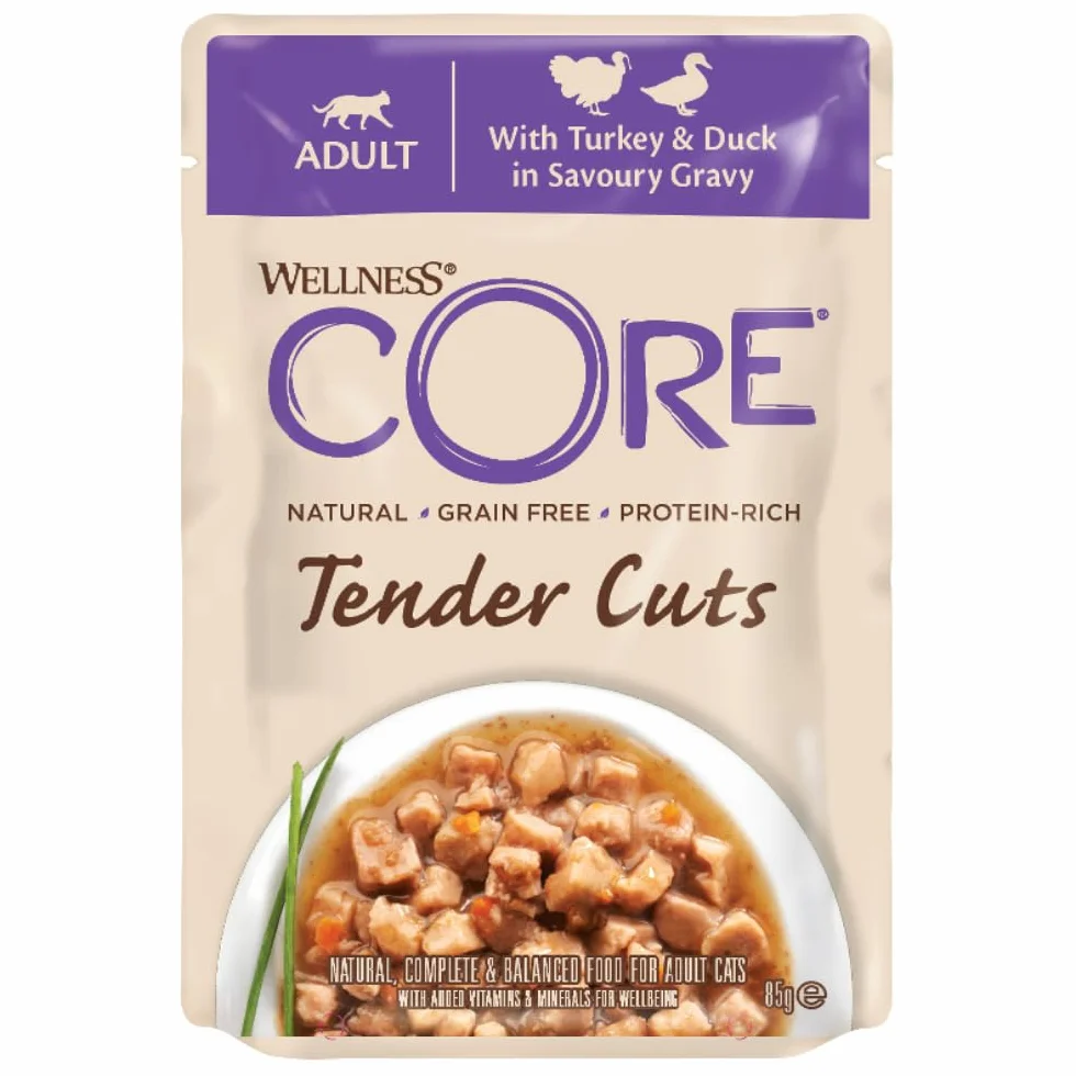 Wellness CORE Tender Cuts 6 x 85g, Multipack Poulet/Dinde/Canard – Tendre Morceaux pour Chats Adultes, sans Céréales, Naturelles, Hypoallergénique, Riche en protéines, À Haute Teneur en Viande,