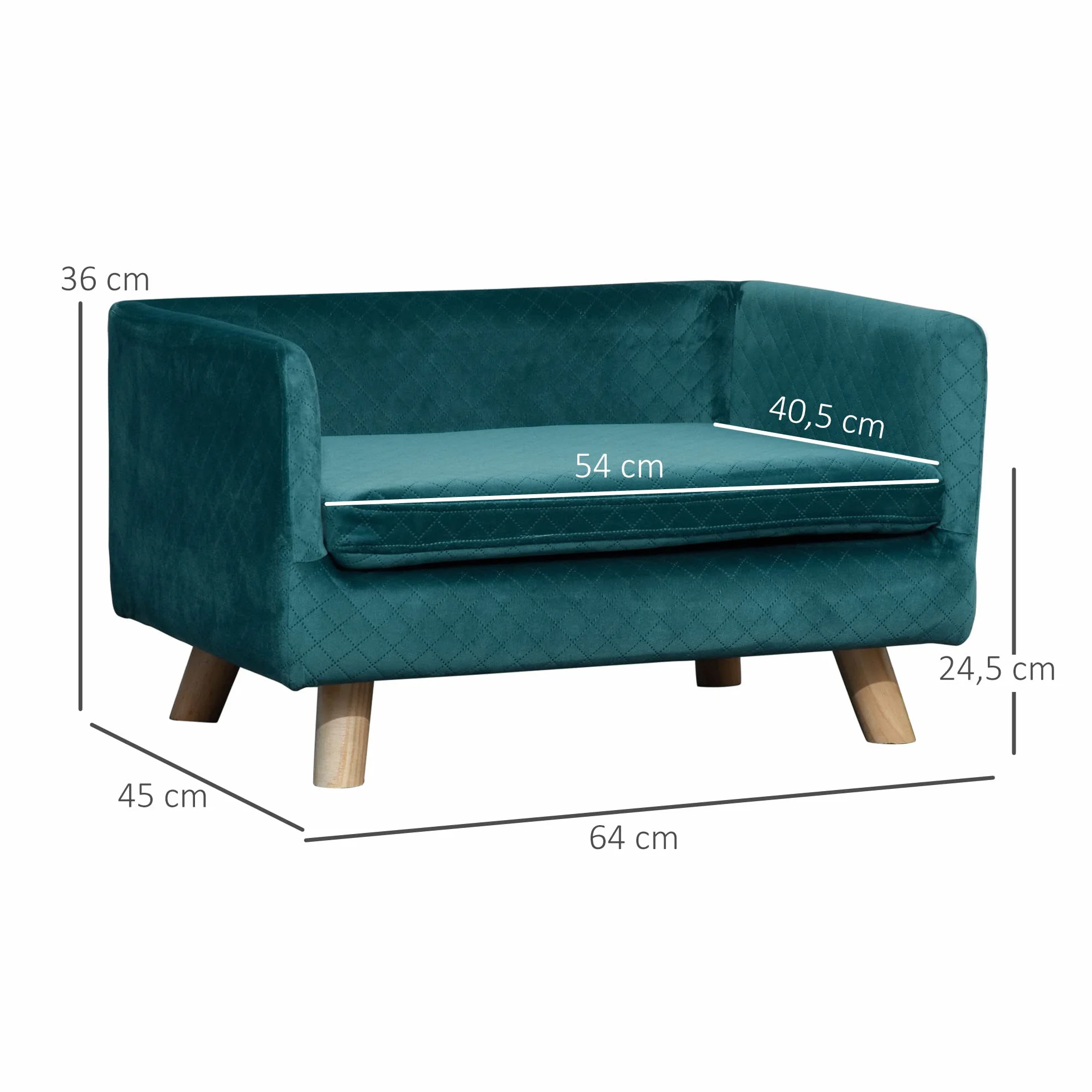 PawHut Canapé Chien lit pour Chien Design scandinave Coussin Moelleux Pieds Bois Massif 64 x 45 x 36 cm Velours Bleu Canard