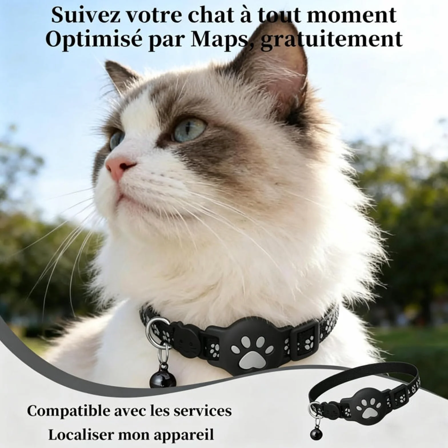 Collier GPS Chat 2026 Traceur GPS Chat Tracker sans Carte SIM sans Abonnement Localisation Temps Réel Compatible iOS Android Imperméable Durable Noir