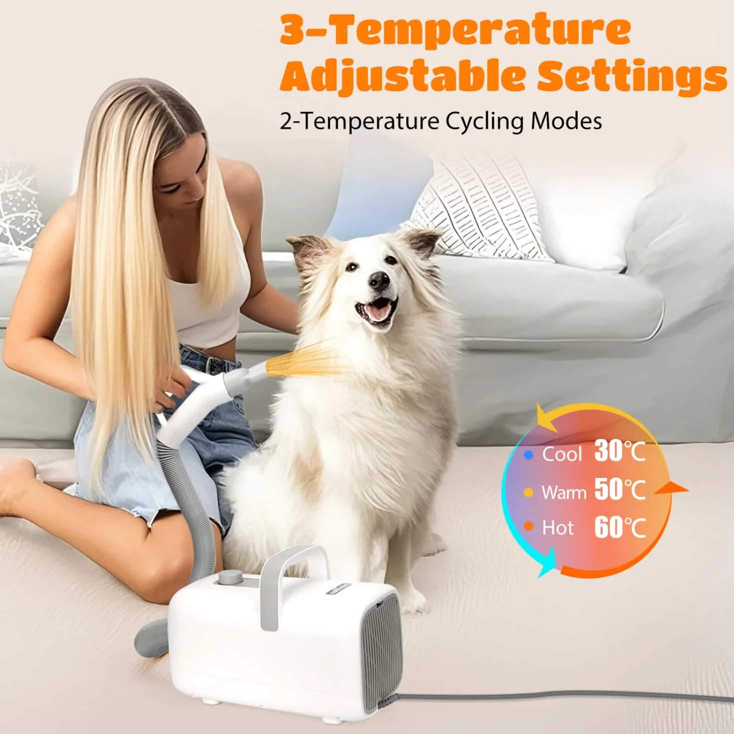 Nobleza Séchoir Professionnel pour Chiens et Animaux de Compagnie avec 4 Embouts, Vitesse/Température Réglables, Tuyau et Brosse Inclus, Faible Bruit