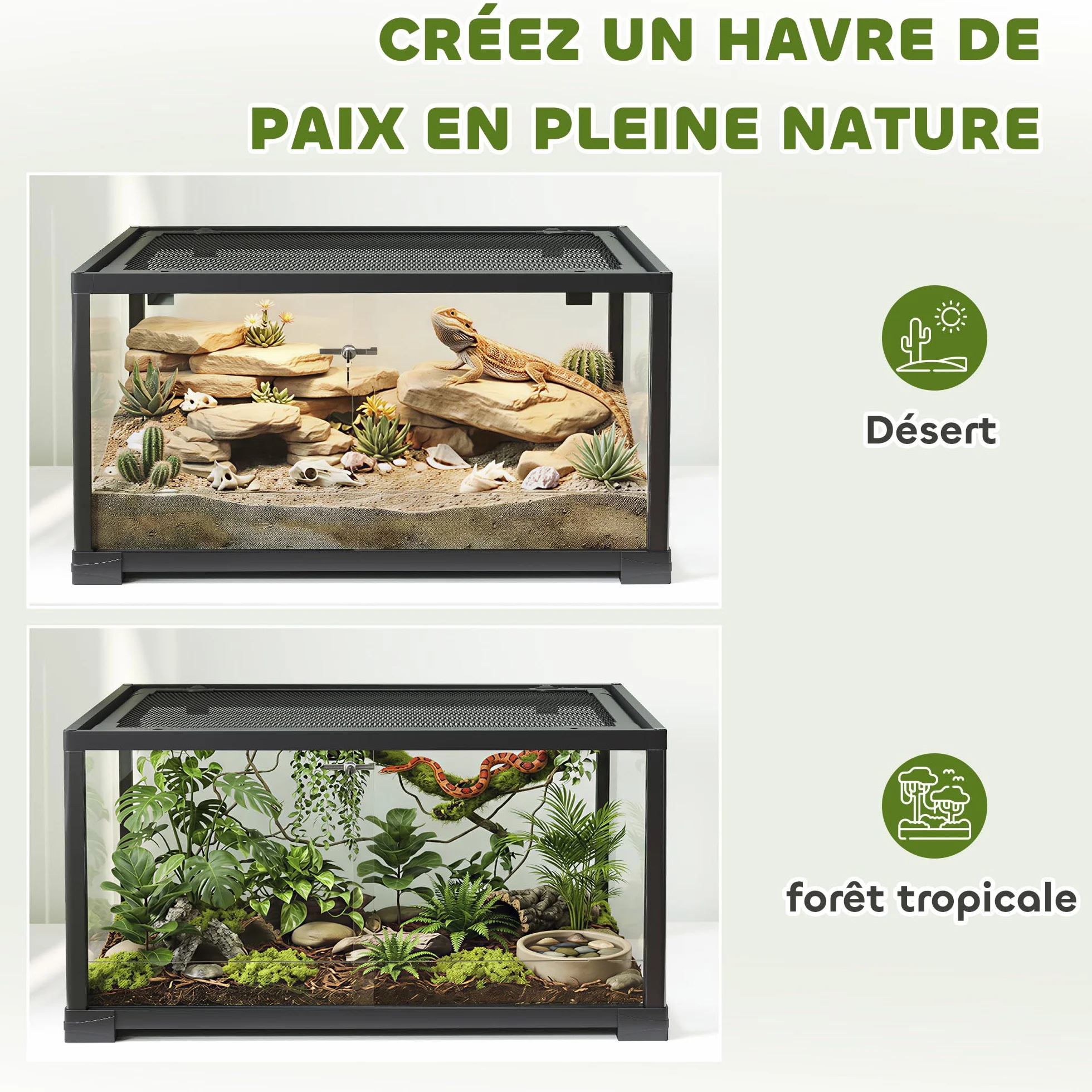 PawHut Terrarium en Verre 86L 60x45x32cm pour Reptiles Lézards Serpents Geckos Porte Coulissante Noir