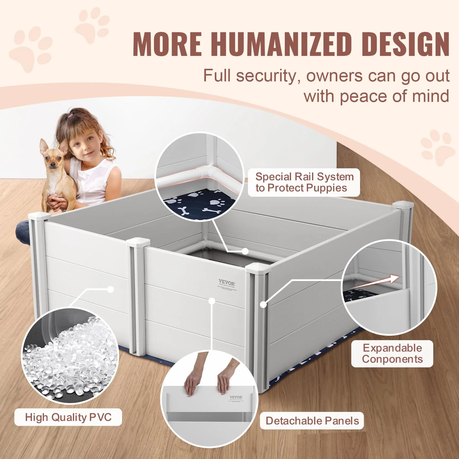 VEVOR Parc de Mise Bas pour Chien 122x122x46 cm Caisse de Mise Bas avec Rails Tapis de Pipi Lavable Blanc