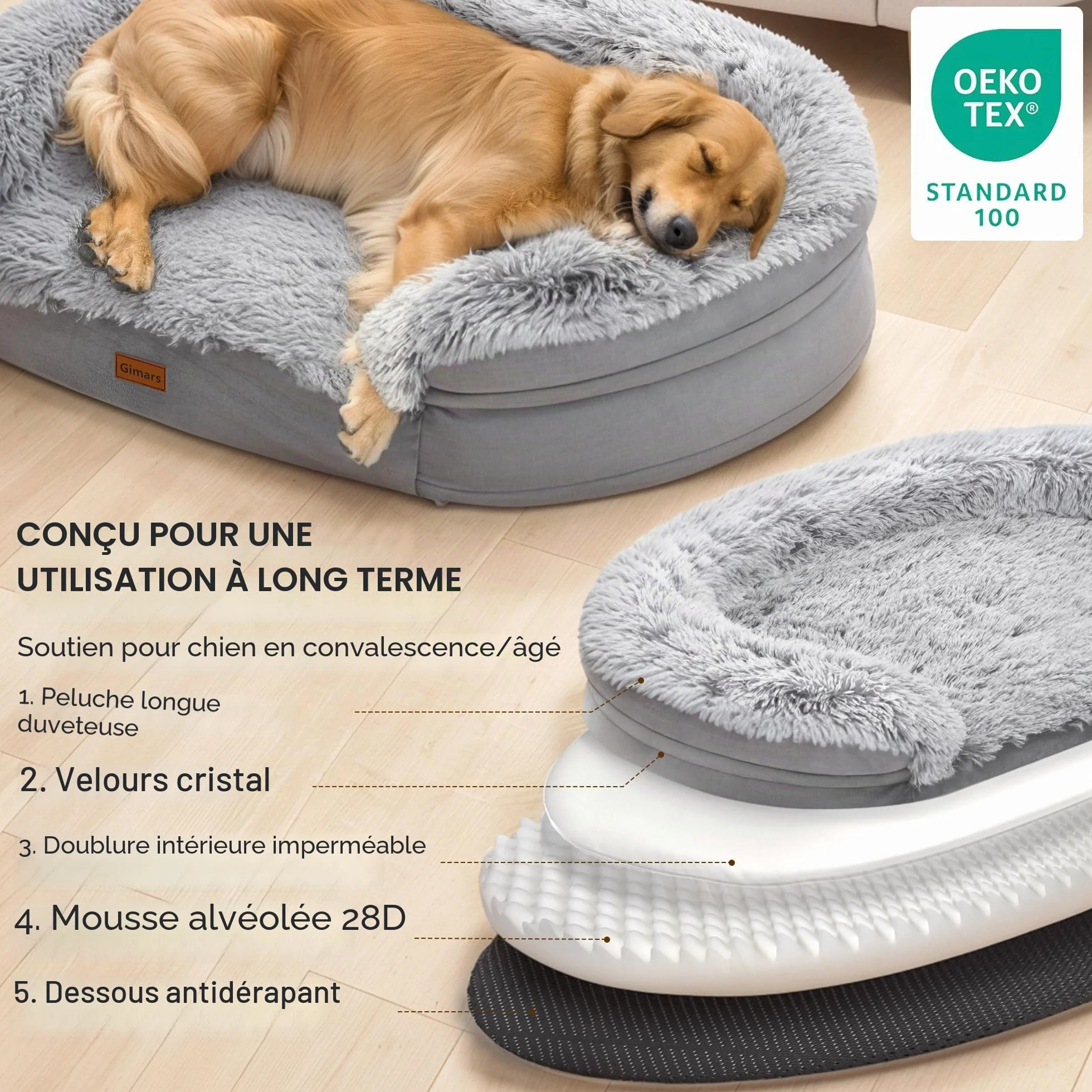 Gimars 9,5 cm Épais XL Lit Orthopédique pour Chiens de Très Grande et Seniors, Lit de Soutien avec Mousse Alvéolée 28D, Housse en Peluche Amovible et Lavable, Doublure Imperméable, Semi-Circulaire