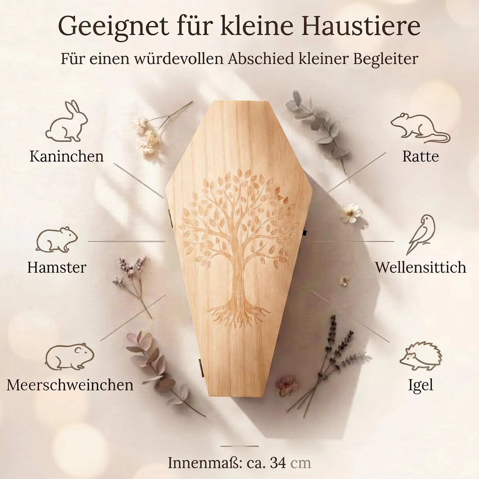 Jetec Cercueil Animaux Bois 37,5x16,5x7cm Gravure Arbre de Vie Marqueur Doré Hommage Digne Hamster Oiseau Serpent Lézard Souris Urne Funeraire Souvenir