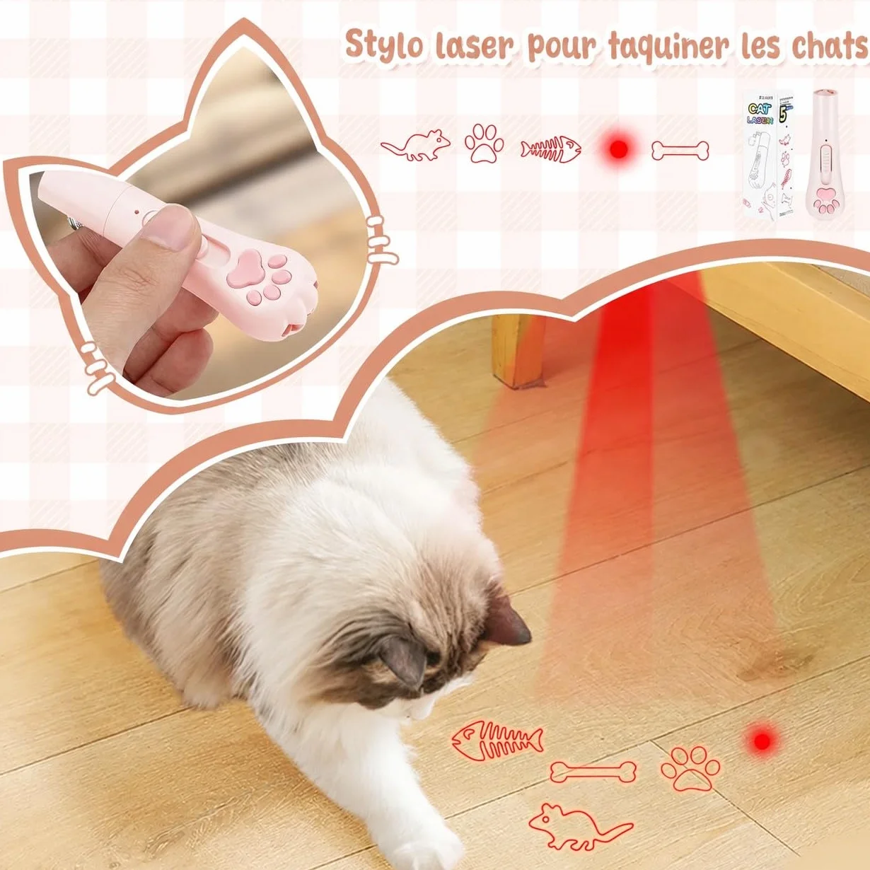 Laser pour Chats Jouet Interactif Rechargeable USB 3 Modes Réglables Marque Française Blanc Neigé
