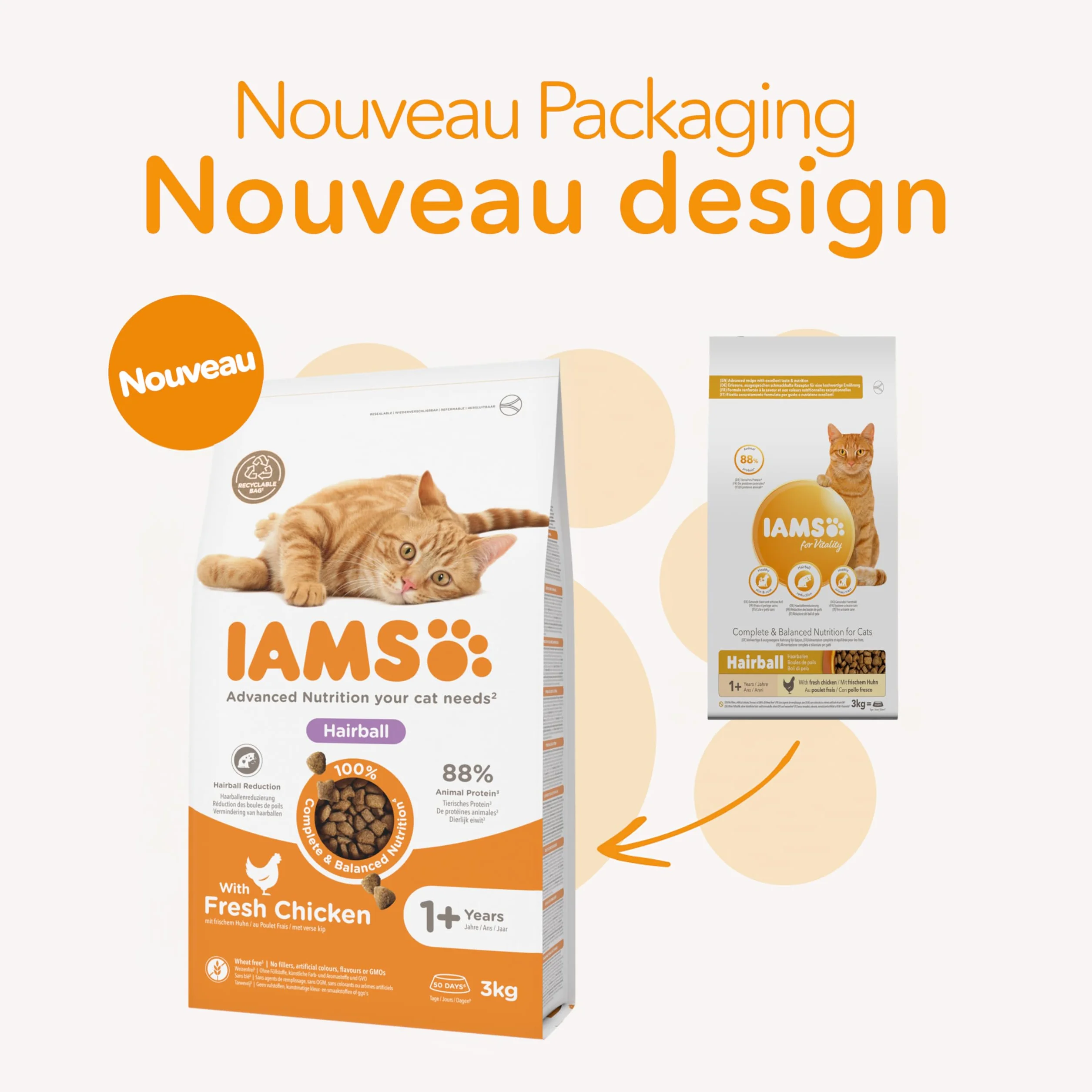 IAMS Advanced Nutrition - Croquettes Chats Adultes et Séniors Anti-Boules de Poils - 100% Complètes et équilibrées - Au poulet frais - Sans OGM Colorants Arômes Artificiels - Sac refermable de 3 kg