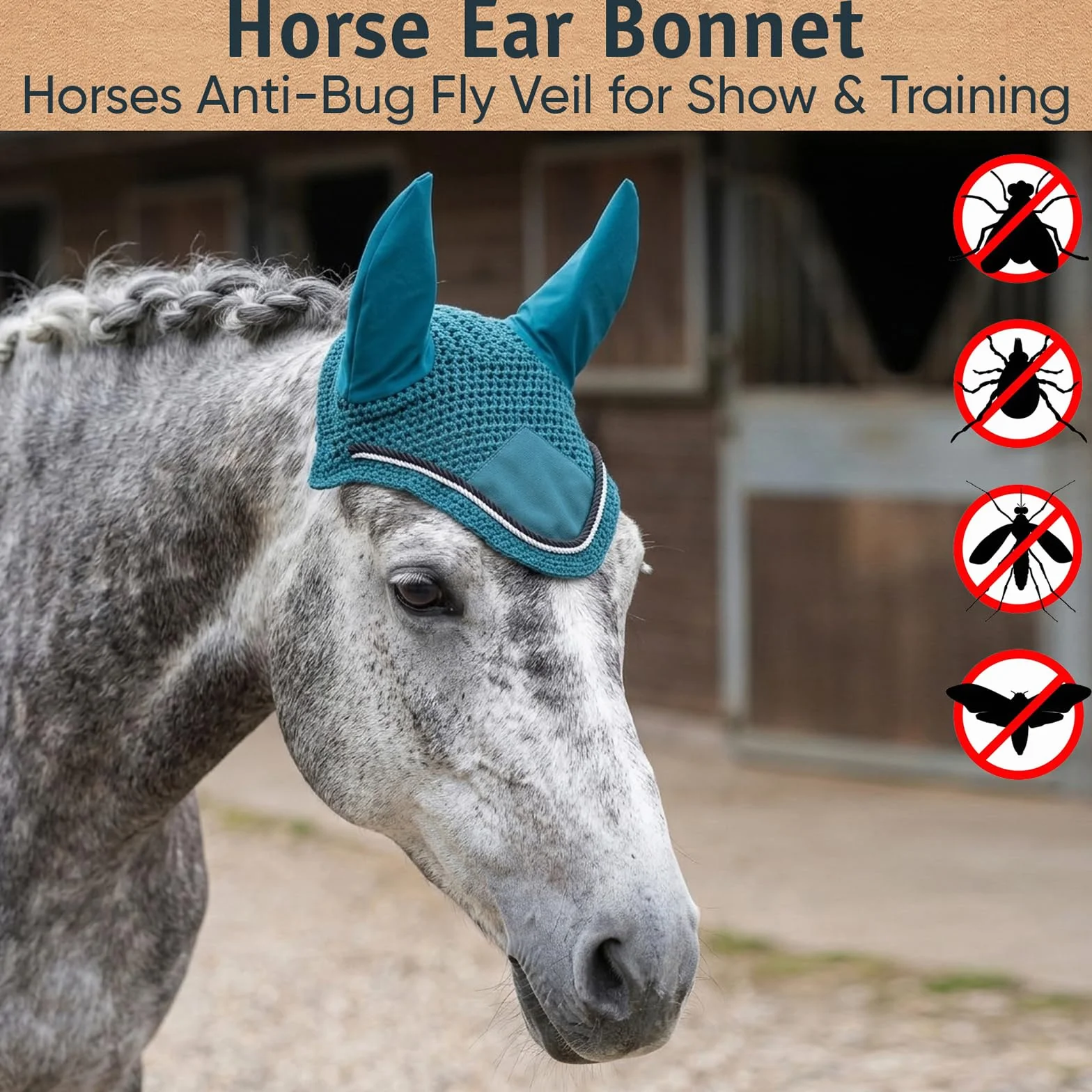 Spire Voile de protection pour cheval en coton respirant doux au crochet pour les oreilles (complet, vert foncé/noir-blanc)