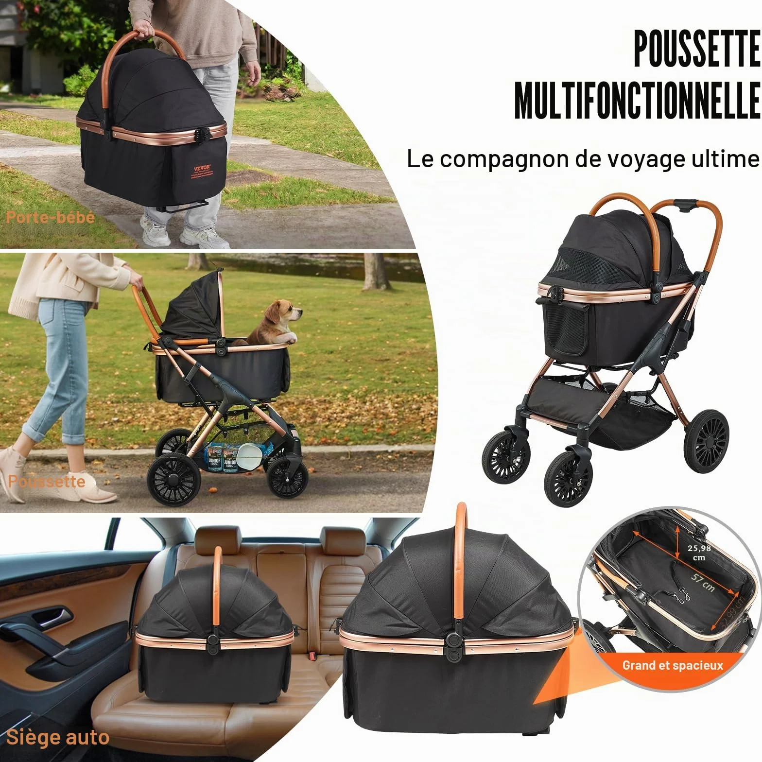 VEVOR Poussette pour Chien 4 Roues Pivotantes avec Freins 30 kg Noir