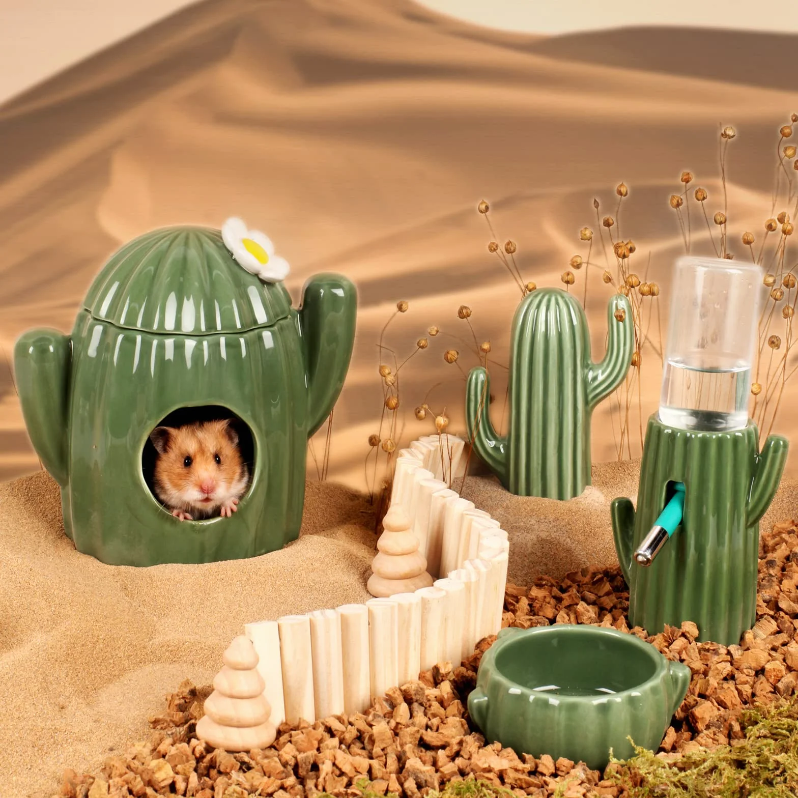 BUCATSTATE Maison de Hamster en Céramique – Cachette et Habitats de Hamster en Forme de Cactus Idéal pour Nain Gerbille Souris Ours Doré