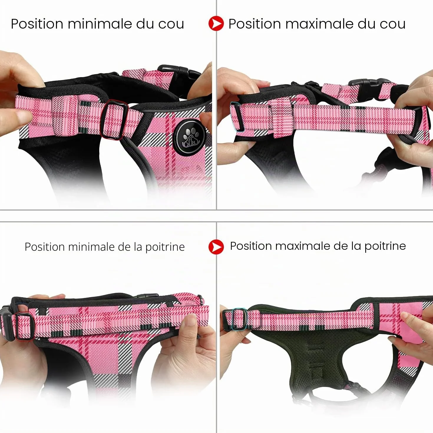 NESTROAD Harnais Anti Traction Chien Moyen Rose Plaid Taille M 33~43CM 43~64CM
