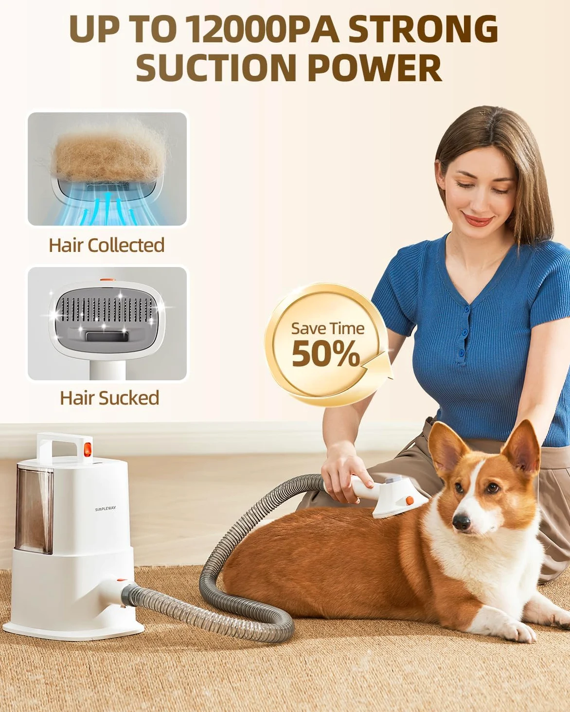 Kit aspirateur de toilettage pour chiens et chats à poils longs avec aspirateur silencieux et poubelle de grande capacité pour chiens et chats à poils longs avec 6 accessoires (ivoire)