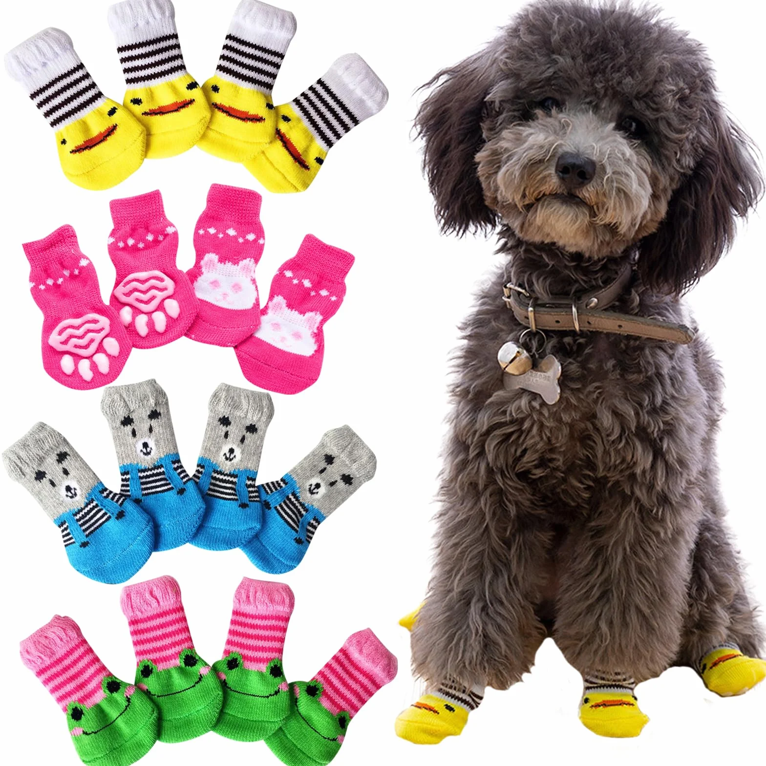 Chaussettes Antidérapantes pour Chien et Chat 16PCS Protège-Pattes Chaussons Petits Animaux
