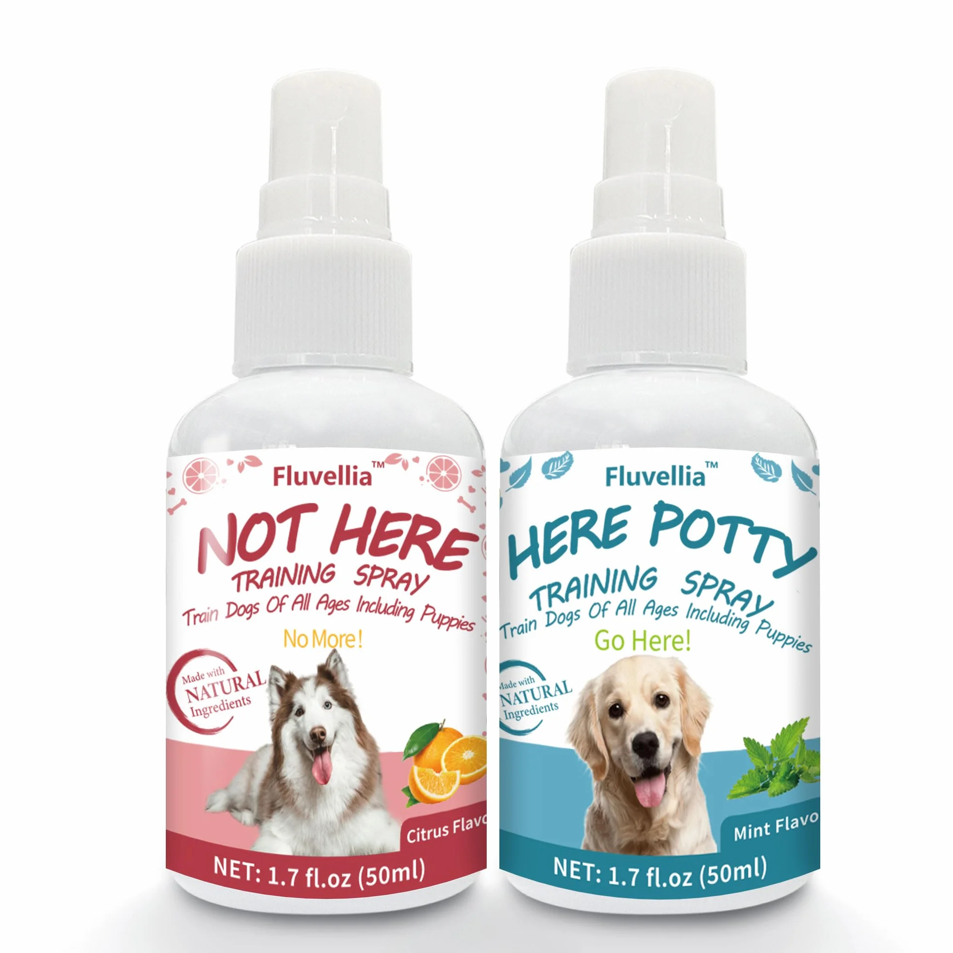 Lot de 2 sprays d'entraînement pour chien Not Here et Here Potty - 50 ml - Ingrédients naturels - Arôme d'agrumes et de menthe