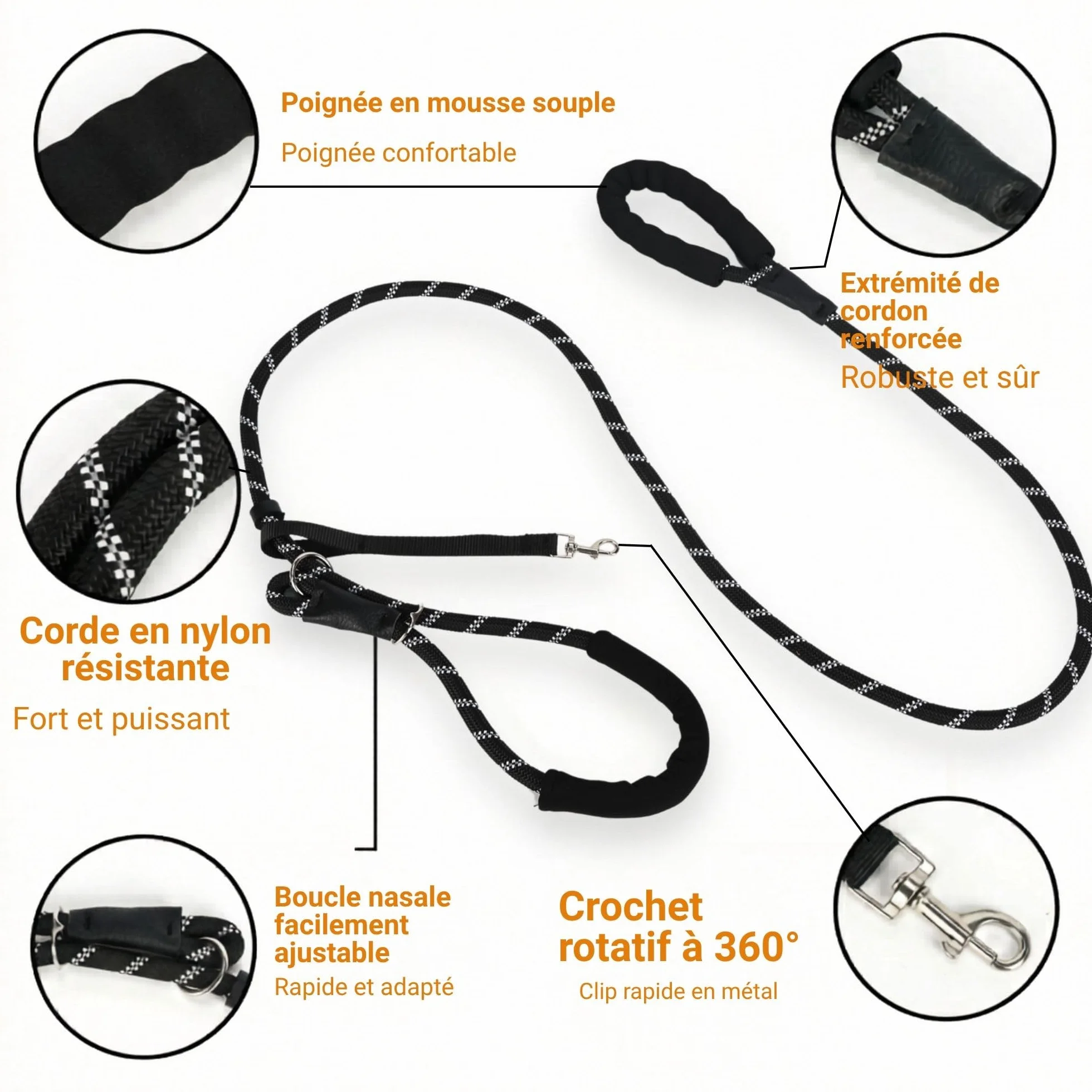 SOLDAY Laisse Anti Traction Chien 2m Lasso Multiposition Réfléchissante Noir