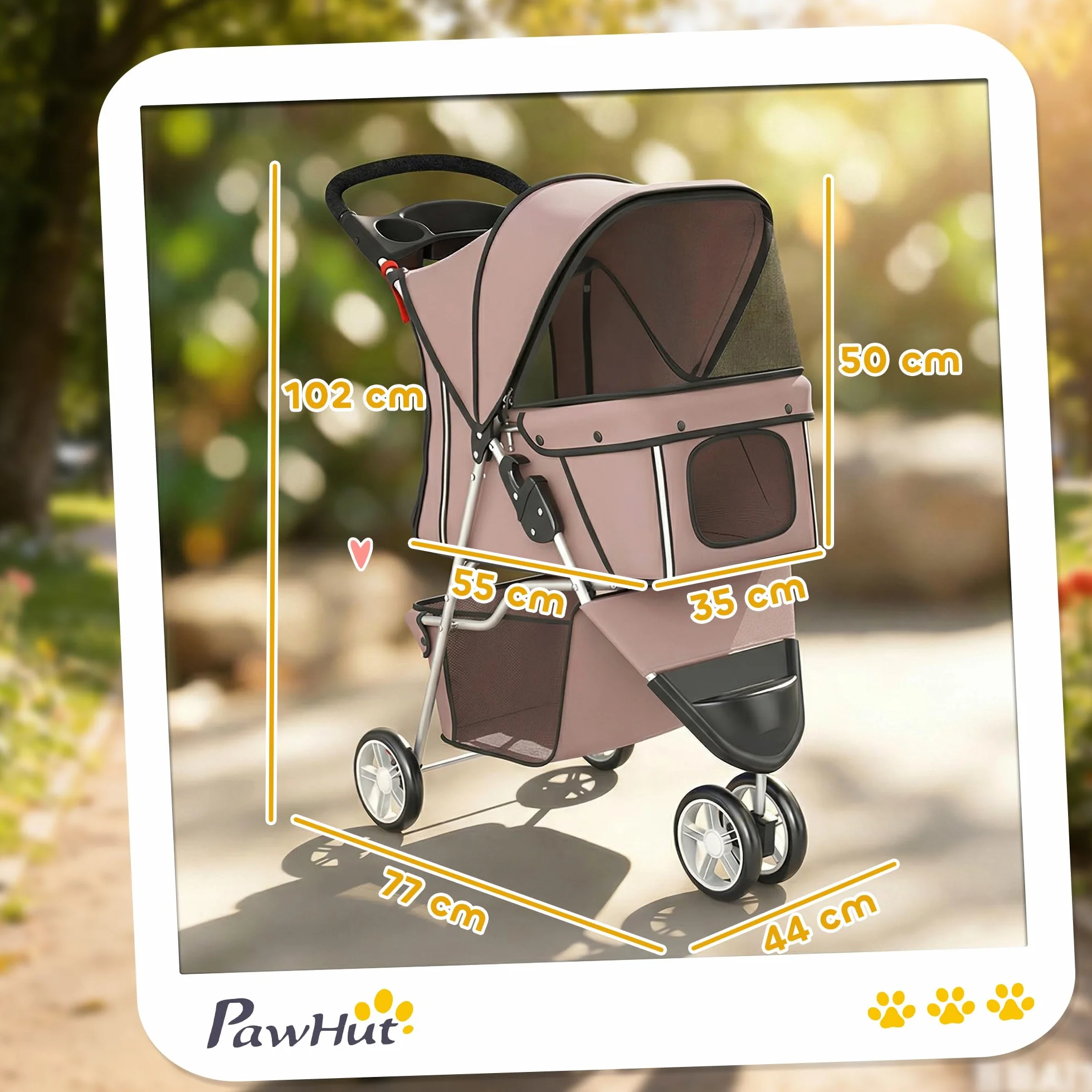 PawHut Poussette pour Chien 4 Roues Pliable avec Frein Auvent Réglable 77x44x102cm Café