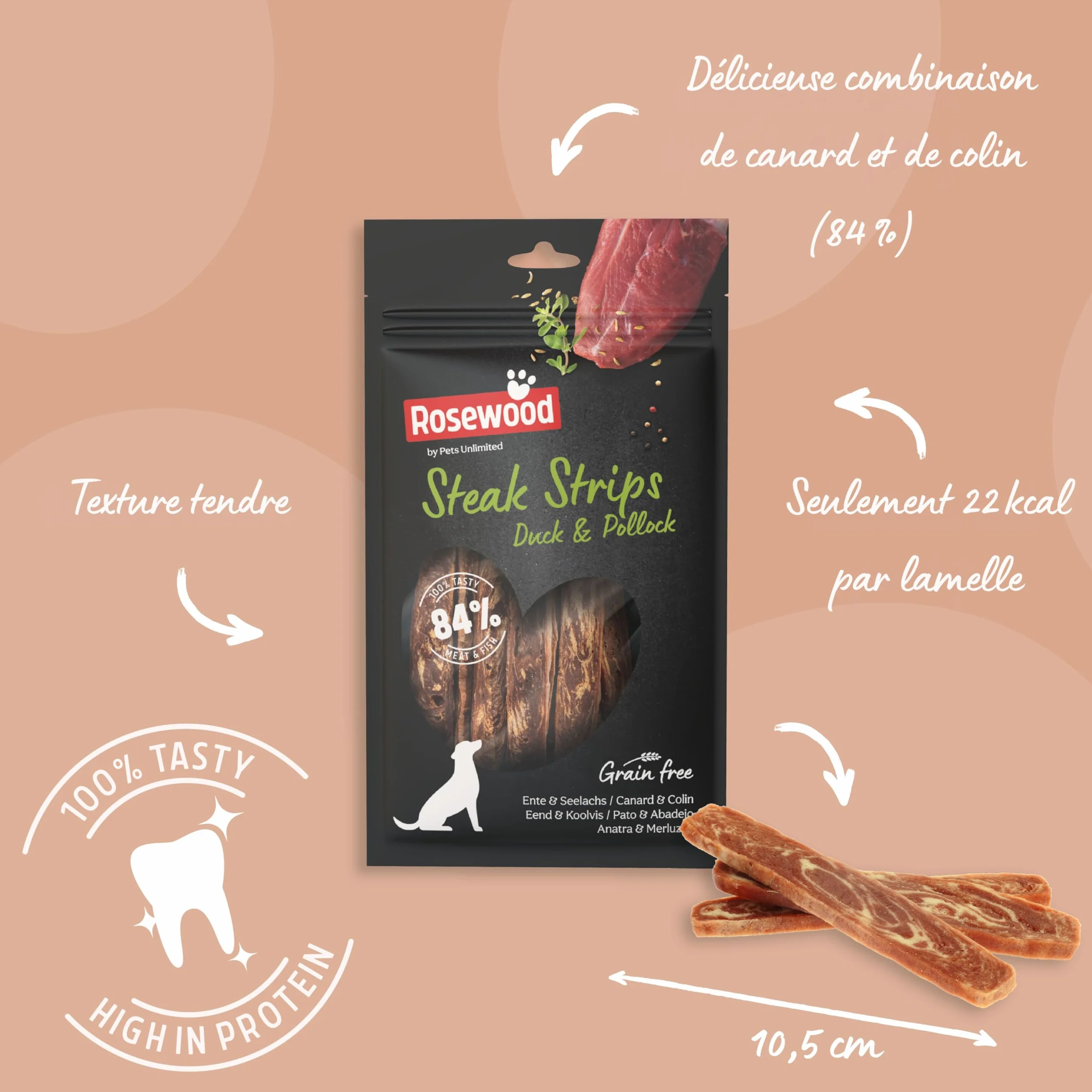 Rosewood Steak Strips Canard et Colin Friandise Tendre pour Chien 100 g