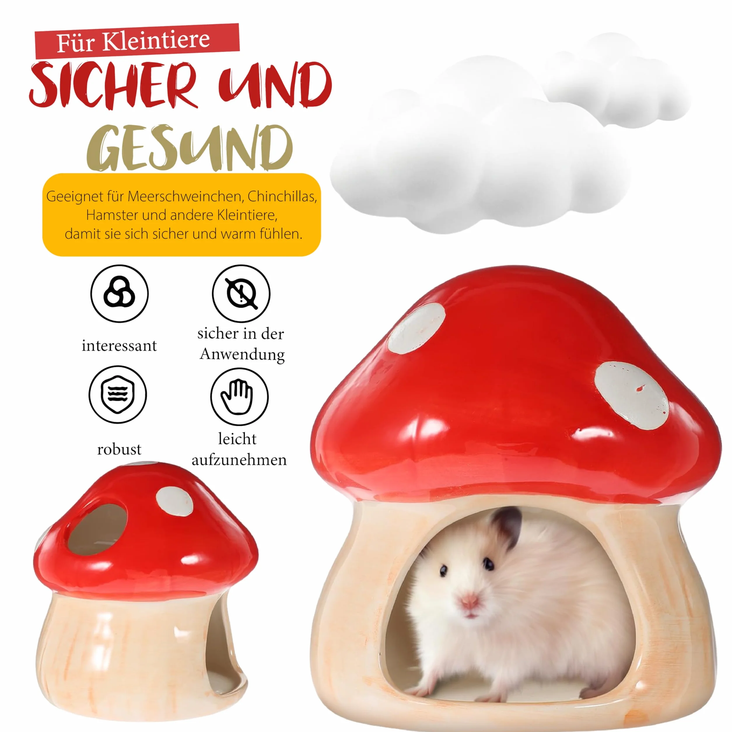 Maison en céramique pour hamster, hamster unique, cachette en céramique, en forme de champignon, pour gerbilles, souris, chinchillas (petite taille)