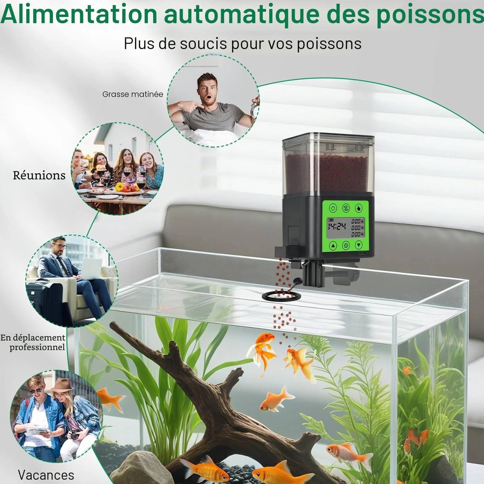 Distributeur automatique de nourriture pour poissons rechargeable USB 320 ml écran LCD résistant à l'humidité