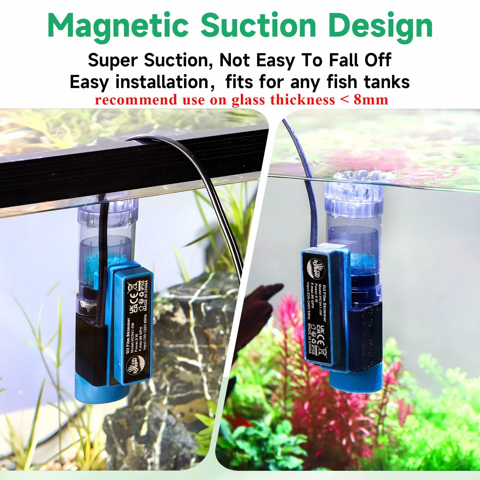 Skimmer de Surface pour Aquarium Magnétique 5W 96GPH avec Éponge Bio