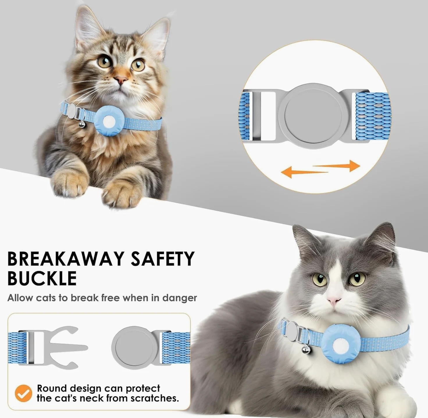 Collier de suivi pour chat avec étiquette de localisation et support de suivi, pas de frais mensuels, compatible avec Apple Find My (iOS uniquement), bande réfléchissante avec clochette (bleu)