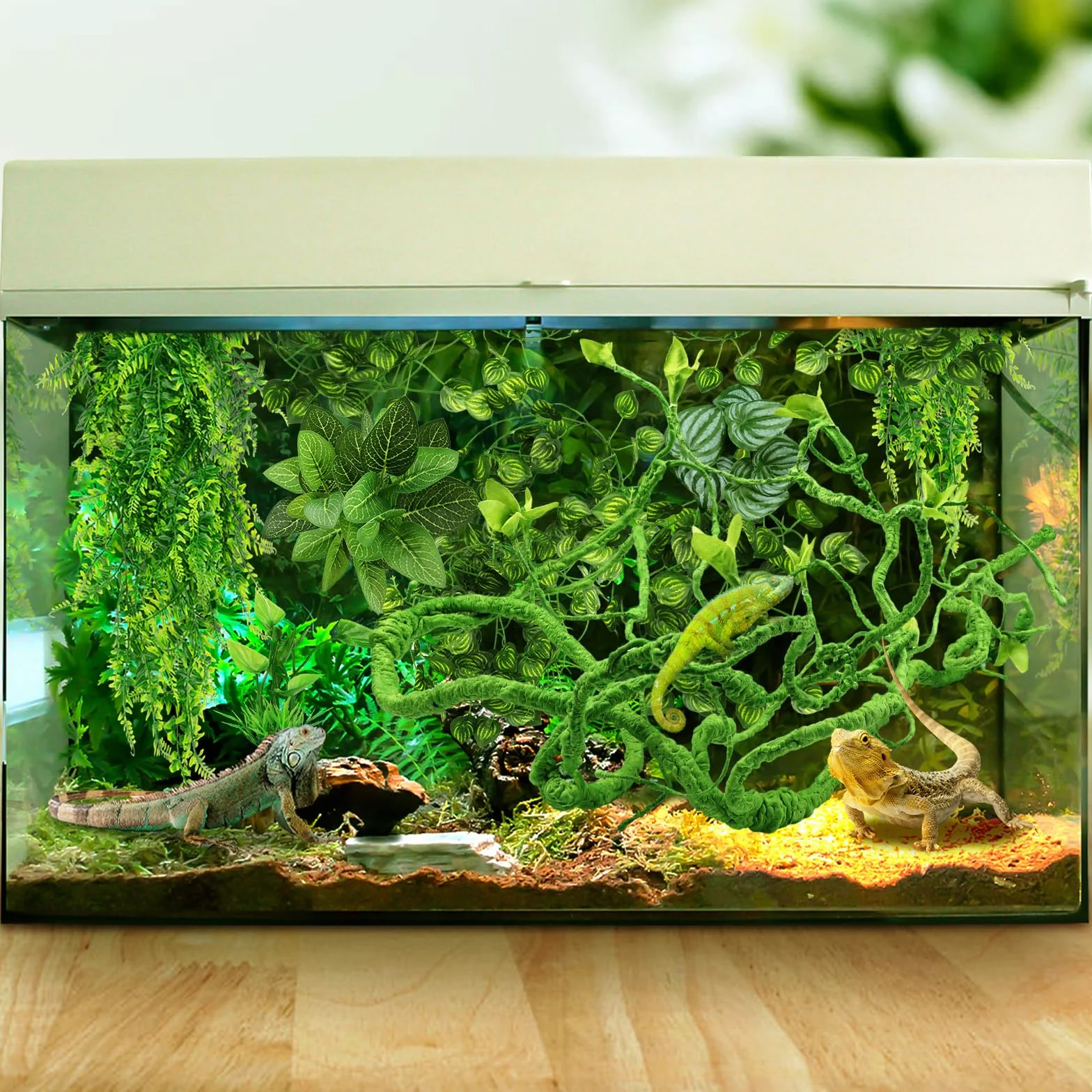 QUOZUO Décoration pour lézards, Plante suspendues Artificielle Terrarium Grandes Plante Vignes Terrarium Branche Decorative pour Escalade, Caméléon, Gecko