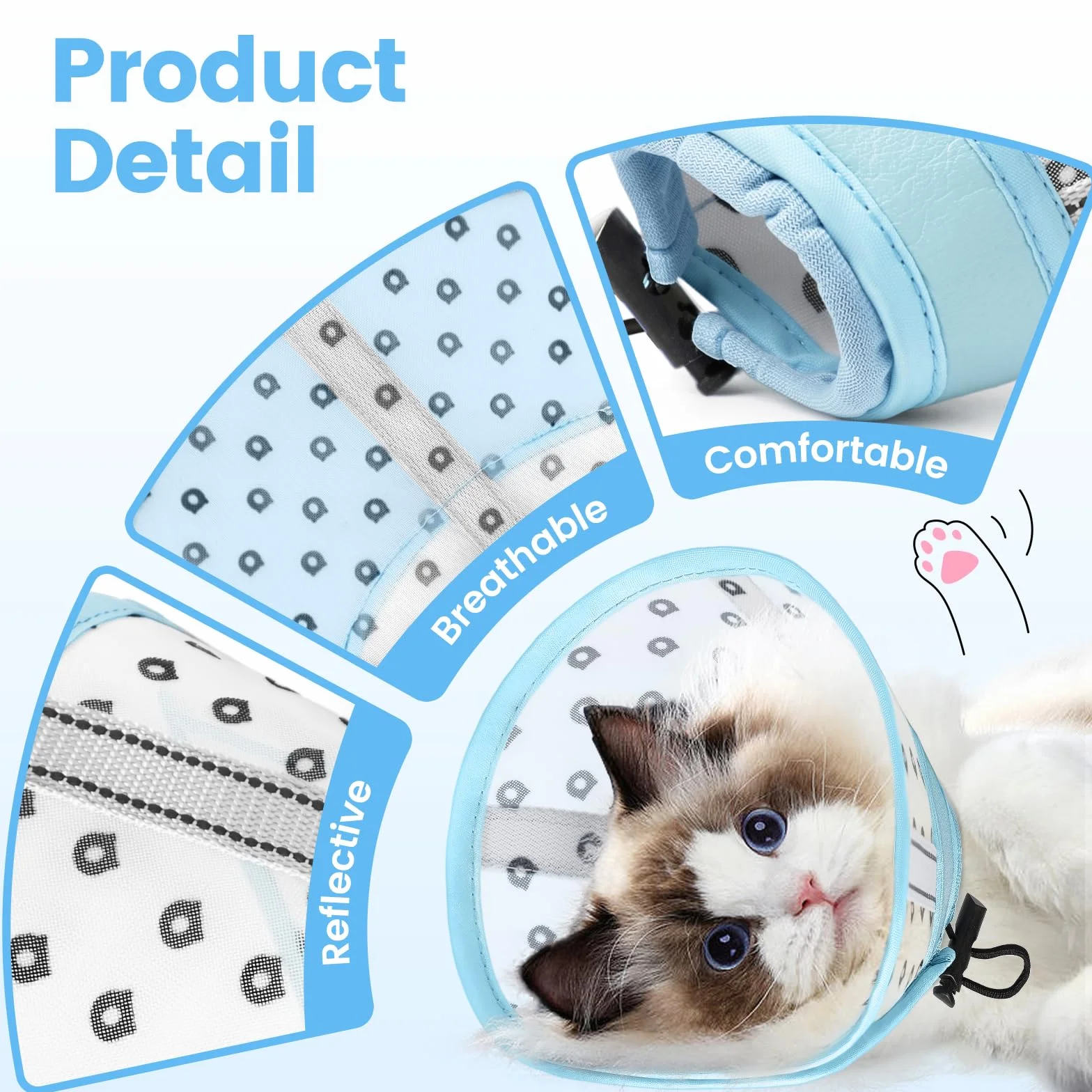 Collerette Chat Anti Léchage Anti Grattage Souple Tissu Respirant Ajustable M Maille Bleu