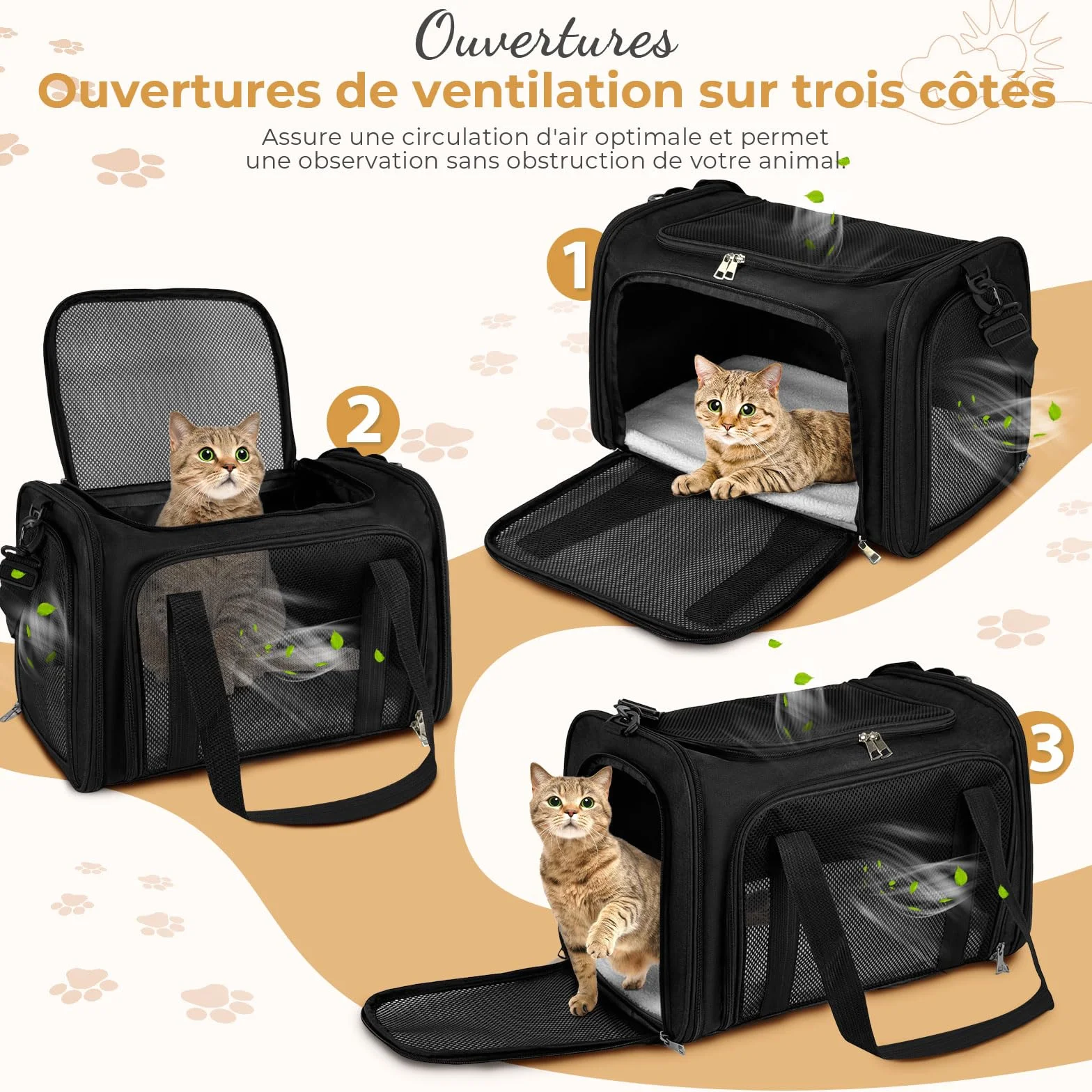 Sac de Transport Chat Chien avec Matelas Souple, Respirant et Pliable, 50x34x34cm Noir