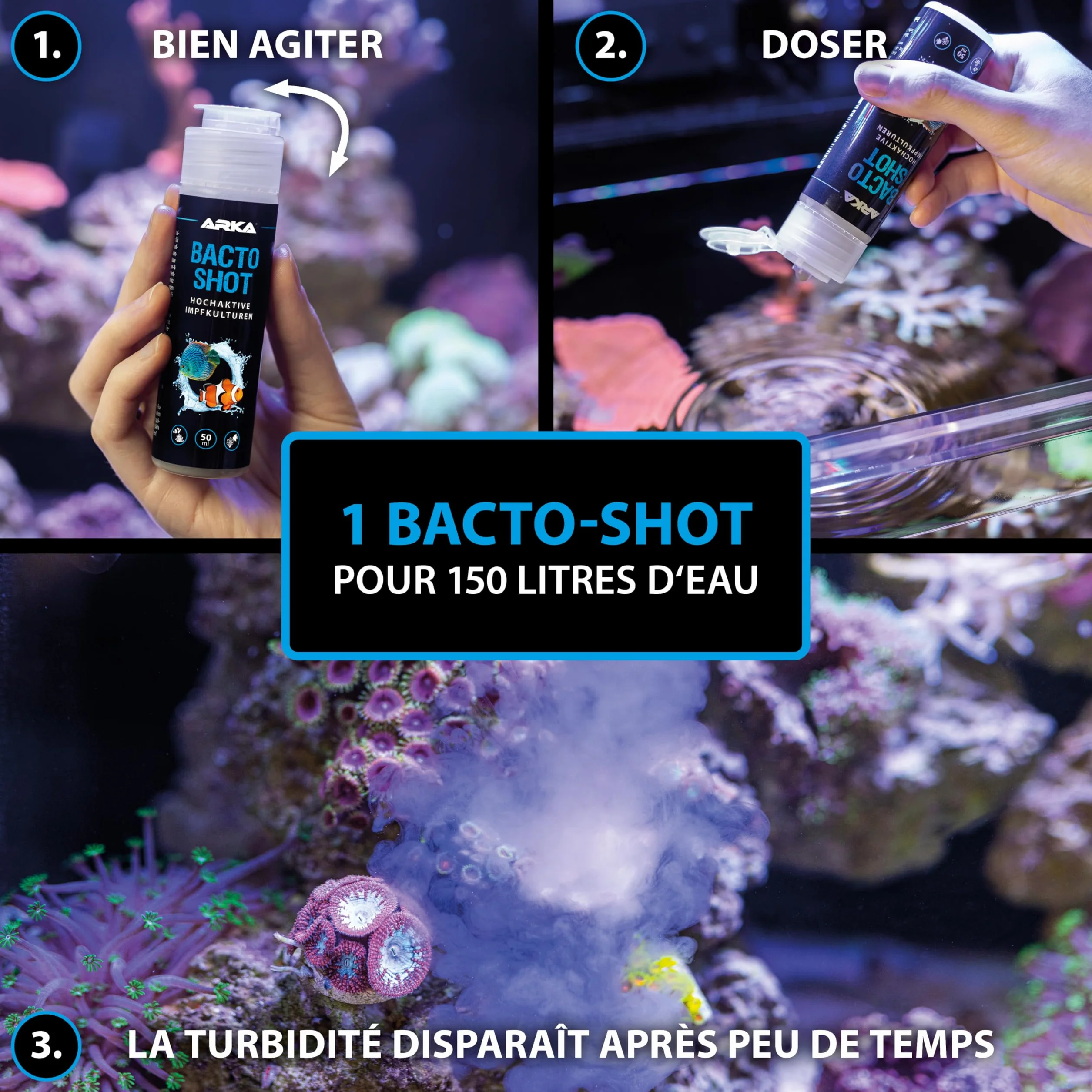 Bactéries Aquarium 50 ML – ARKA Bacto-Shot – clarifie l’Eau en 24h – bactéries vivantes nettoyantes & filtrantes avec Support Naturel – idéal en Cas de nitrites, Trouble ou démarrage