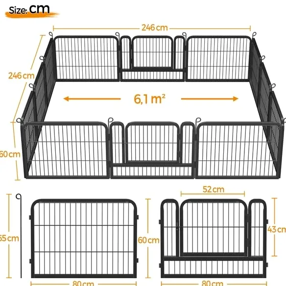 Yaheetech Parc pour Chien 12Panneaux Chenil Enclos en Métal 80 x 60 cm Noir | Clôture modulables pour chien, chiots, lapins, canards Cage pour Chien Barriere chien à loquet intérieur/extérieur Pliable