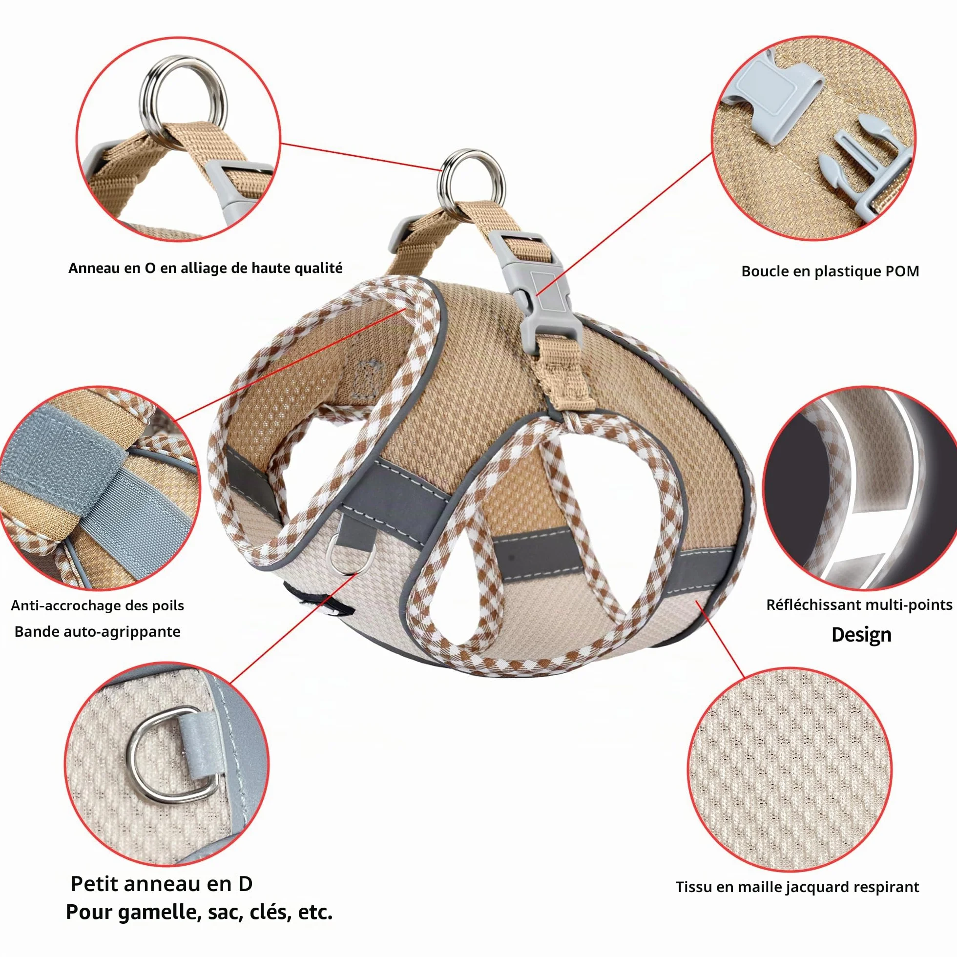 Ensemble Harnais et Laisse pour Chien Promenade, Harnais Chiot Bandes réfléchissantes, très Petits Chiens Chats Marron-Beige XXXS