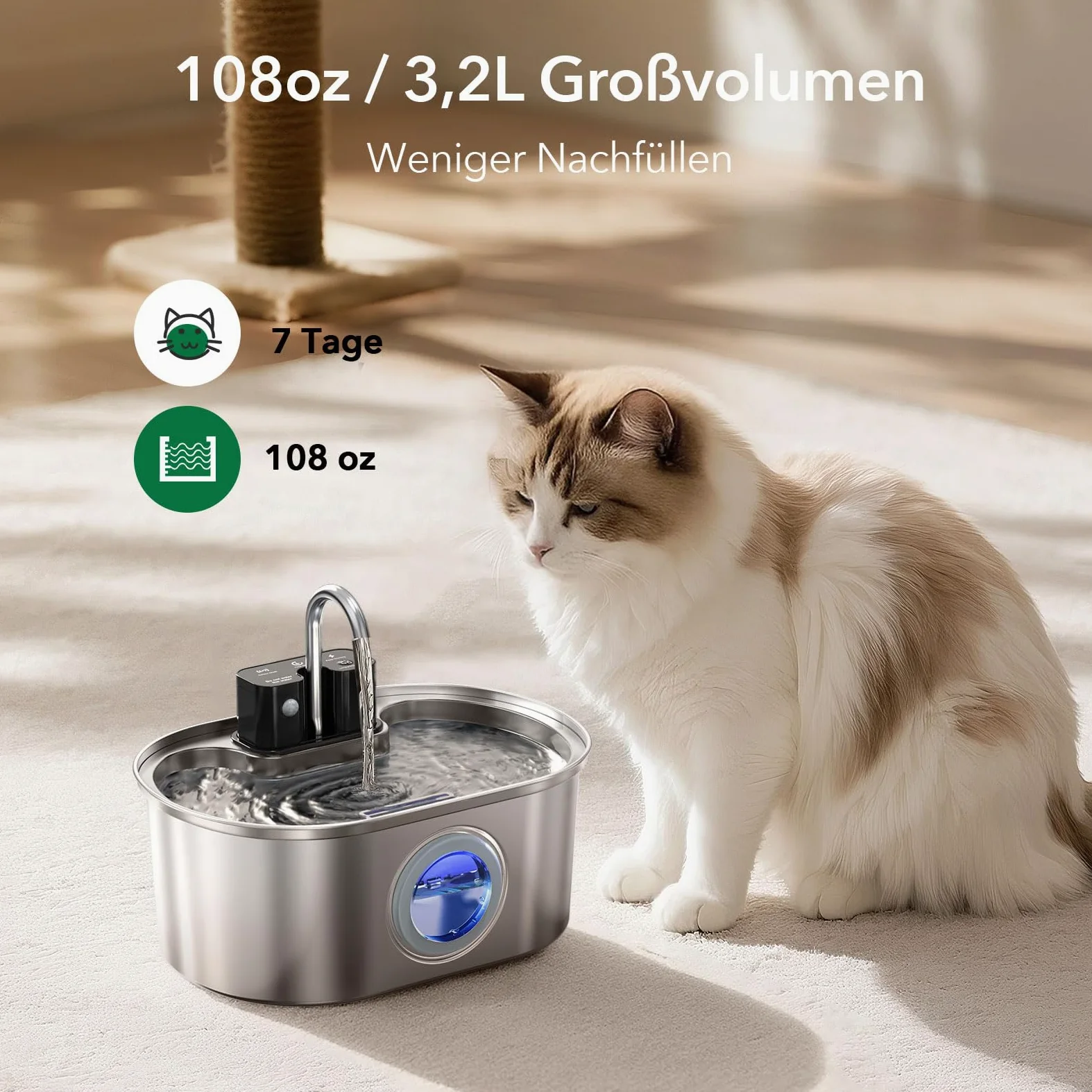 Fontaine à Eau sans Fil pour Chat 3,2 L – INOX, à Piles, avec capteur de Mouvement, Pompe silencieuse, Filtration Multiple, sans BPA, Facile à Nettoyer, pour intérieur