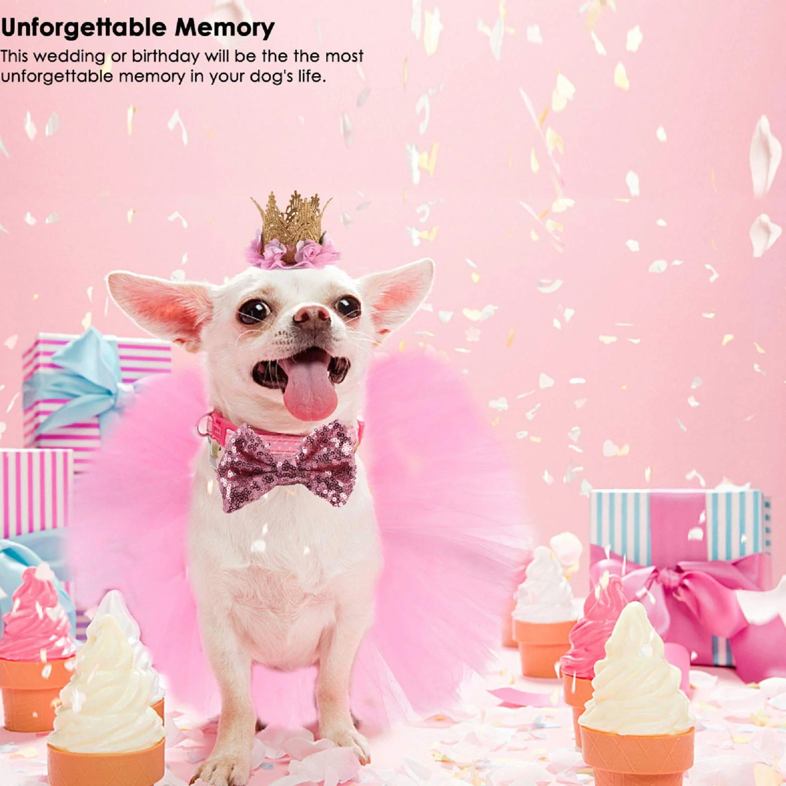 Costume de Chien 3 Pièces Rose Jupe Tutu Couronne Chapeau Paillette Noeud Papillon pour Petits Chiens et Chats