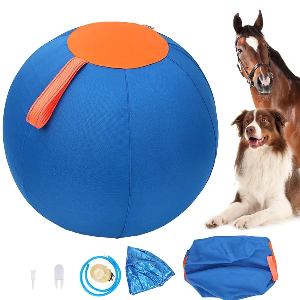 MiOYOOW 45CM Grandes Balles de Cheval, Balle Troupeau Chiens Anti-éclatement Mega Ball d'entraînement avec Pompe à Main et Couverture à Balle pour Chevaux, Chiens, Chèvres, Agneau