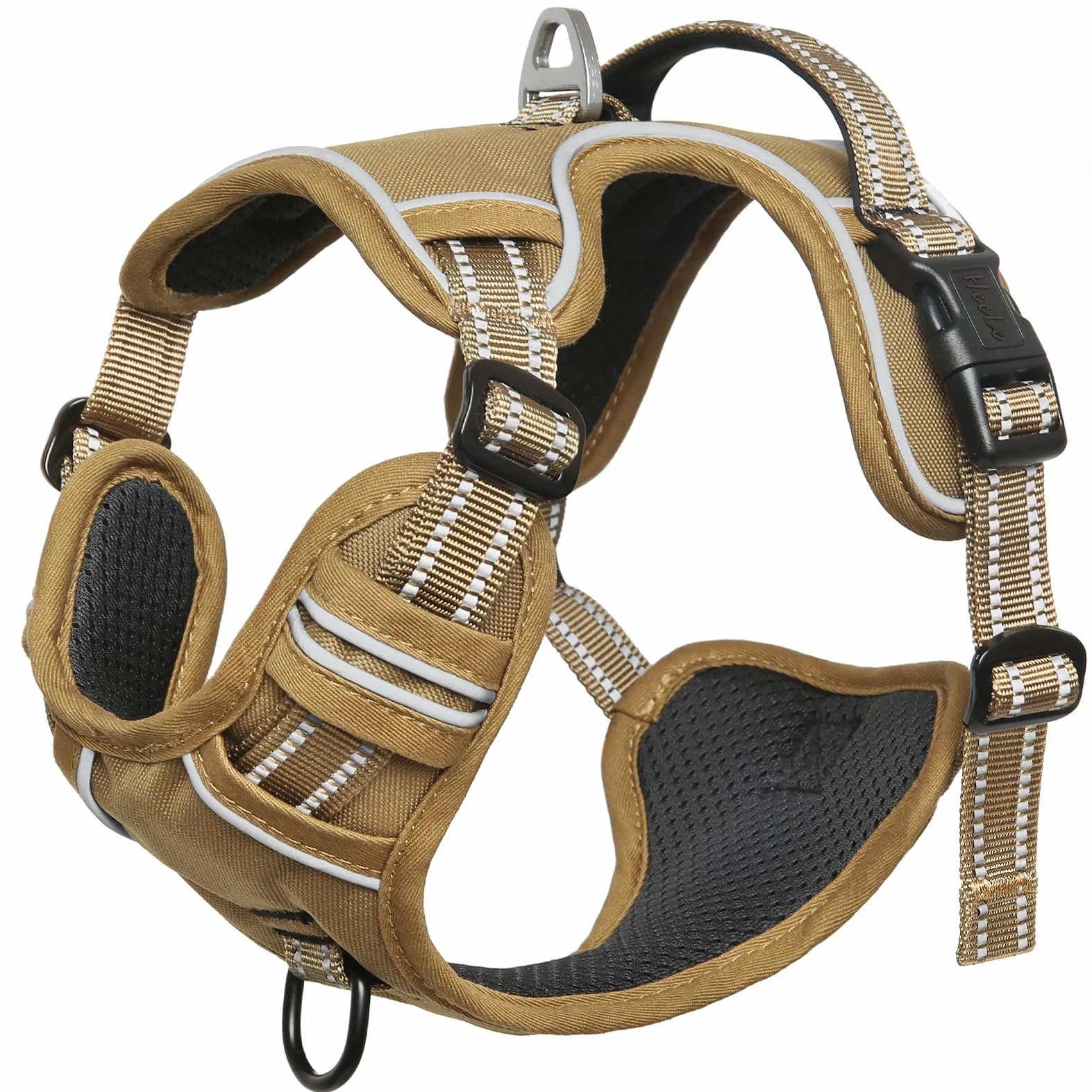 HEELE Harnais Chien Anti Traction Réfléchissant avec Poignée Rembourrée, 2 Anneaux Métal, Marron, M