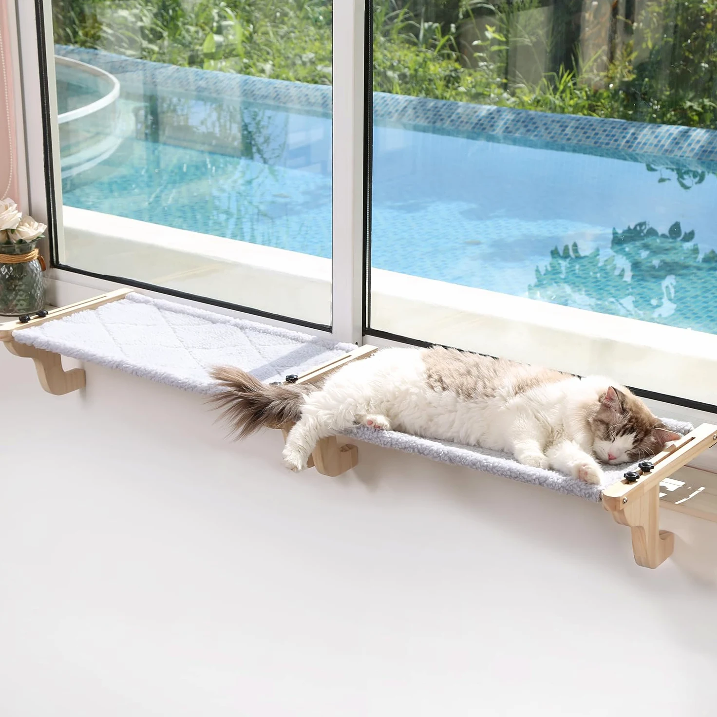 Zakkart Easy Seat Lot de 2 perchoirs pour rebord de fenêtre – Hamac avec bois de pin et cadre en métal robuste – Siège de fenêtre pour chats et chatons de grande taille (bois de couleur naturelle avec