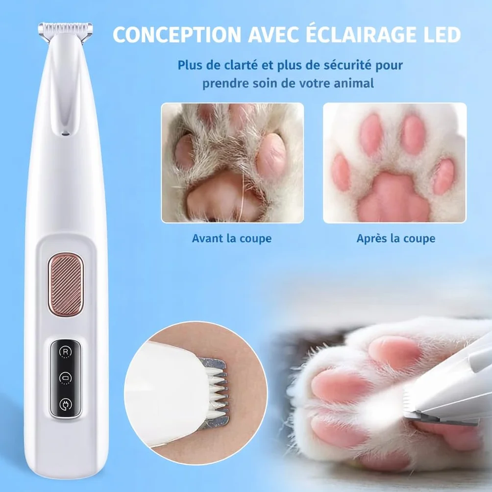 Tondeuse de Précision pour Chat avec Lumière LED, Étanche, Rechargeable USB, Rasoir pour Poils Longs et Zones Sensibles