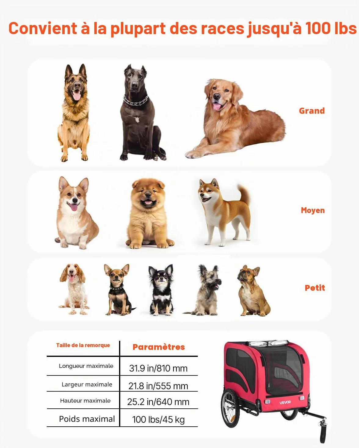 VEVOR Remorque de Vélo Chien Pliable Charge 45 kg Porte Animaux de Compagnie de Vélo Cadre Facile à Plier avec Roues à Dégagement Rapide, Coupleur de Vélo Universel,Réflecteurs, Drapeau