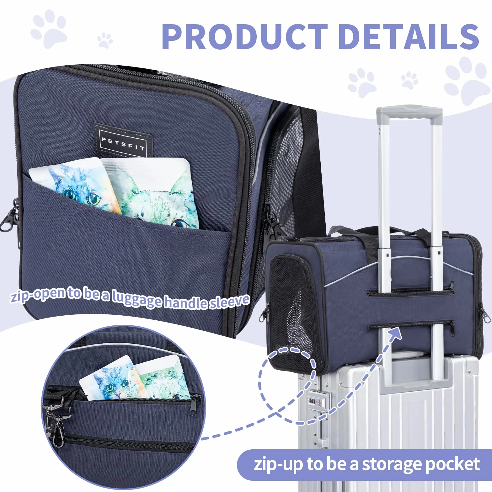 Petsfit Sac de Transport pour Chat Chien Pliable avec 2 Coussins Lavable, pour Voyage Avion Voiture, Bleu
