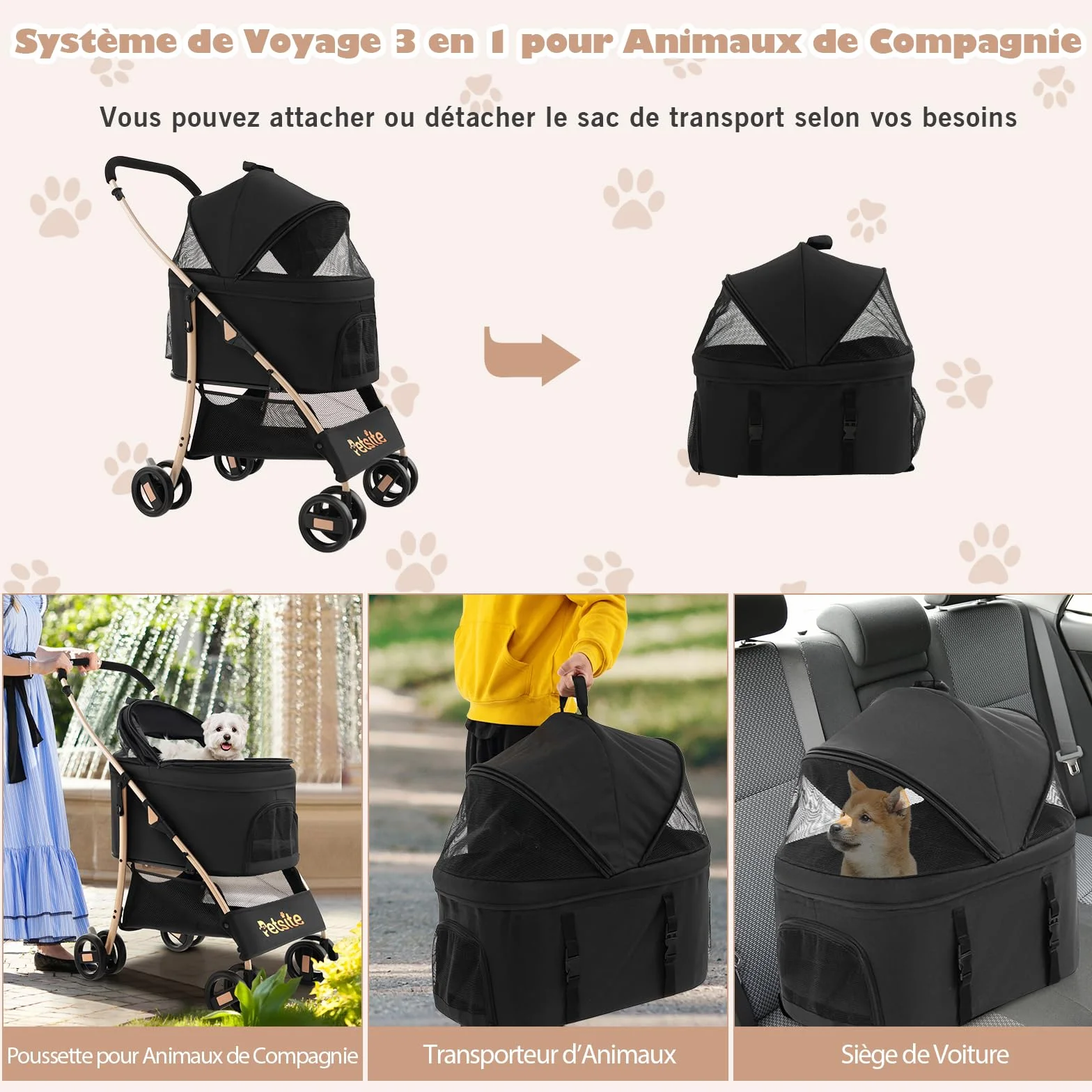 GOPLUS Poussette 3 en 1 Pliable pour Chien Chat, Siège Voiture Amovible, Auvent Réglable, Entrée Maille Zippée, Noir