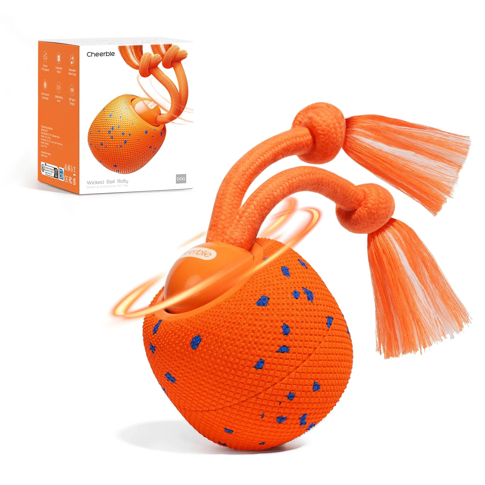 Cheerble Balle Interactive pour Chien - Wicked Ball Rolly avec Queue & Aboiements, Jouet Intelligent pour Chien avec 3 Modes, E-TPU, Rechargeable USB-C, pour Chiens de Taille Moyenne à Grande, Orange