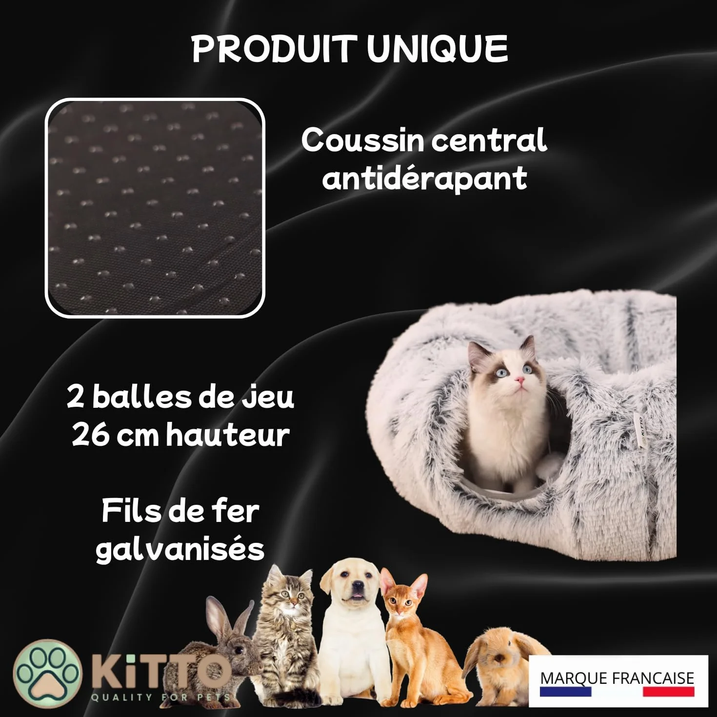Kitto - Tunnel pour Chat - Panier Moelleux avec Coussin lit - Tunel Cat Jeu - Cabane, Niche - Tunnelle modulable - Rond -Convient pour Chat XXL, Petit Chien, Lapin, Furet - 12 Attaches en Bois