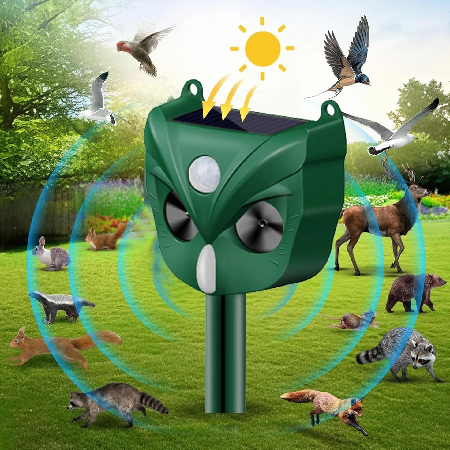 Répulsif à ultrasons pour chat, 5 modes, solaire et rechargeable, dissuasif pour cerf, chien, lapin, mouffette, oiseau pour jardin extérieur (RC546)
