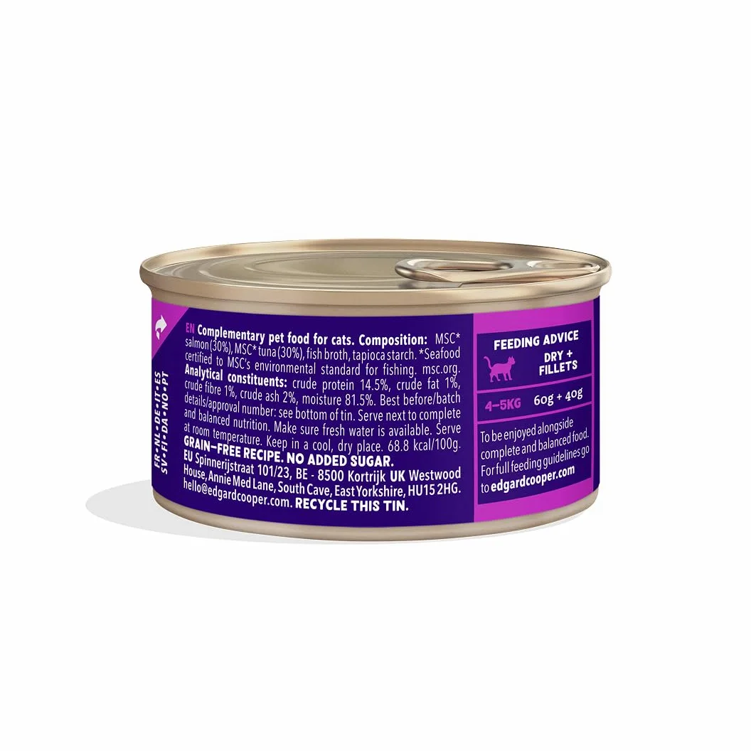 Edgard & Cooper Nourriture Humide pour Chats, Filets dans Leur Bouillon Saumon et Thon, 24 x 70g, sans Céréales, Ingrédients Naturels, pour Chats Stérilisés, Poisson MSC, sans Sucres Ajoutés