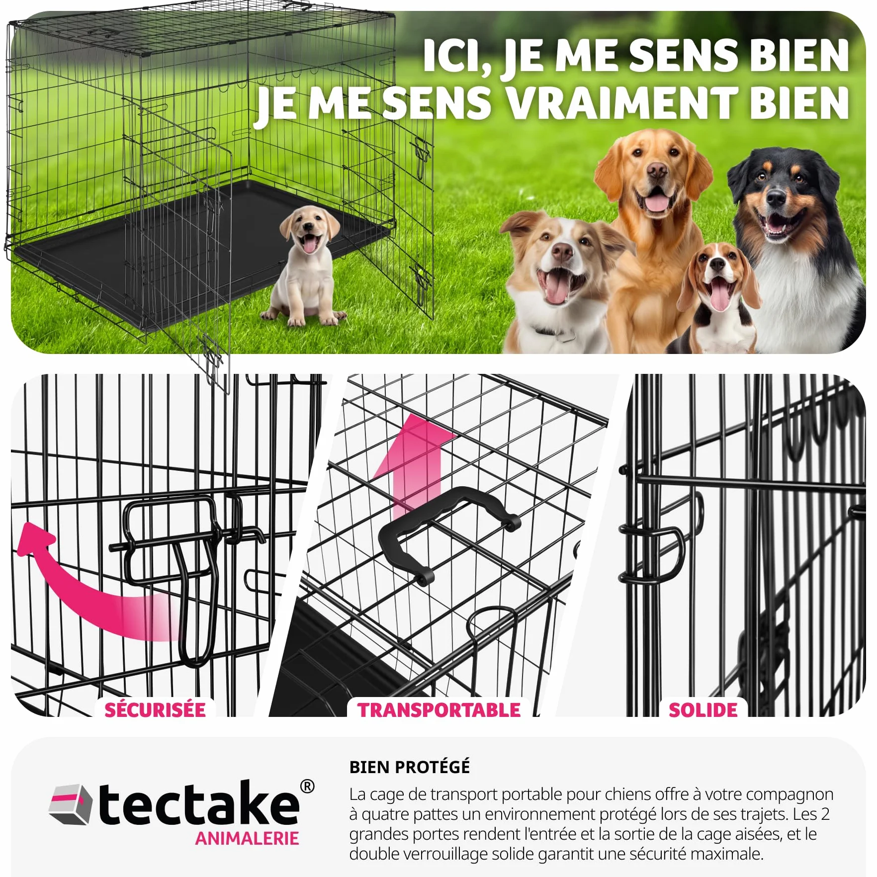 tectake Cage pour Chien Pliable Robust Caisse de Transport Taille XL 121,5x75,5x80,5cm 2 Portes double verrouillage