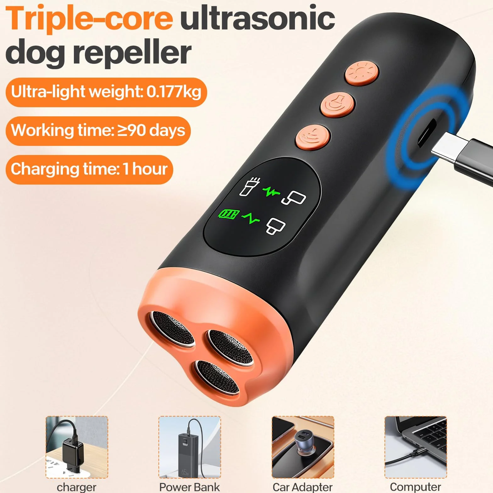 Anti Aboiement Chien Ultrason Puissant 3 Modes Dispositif Portatif 33 Pieds avec Lampe Stroboscopique