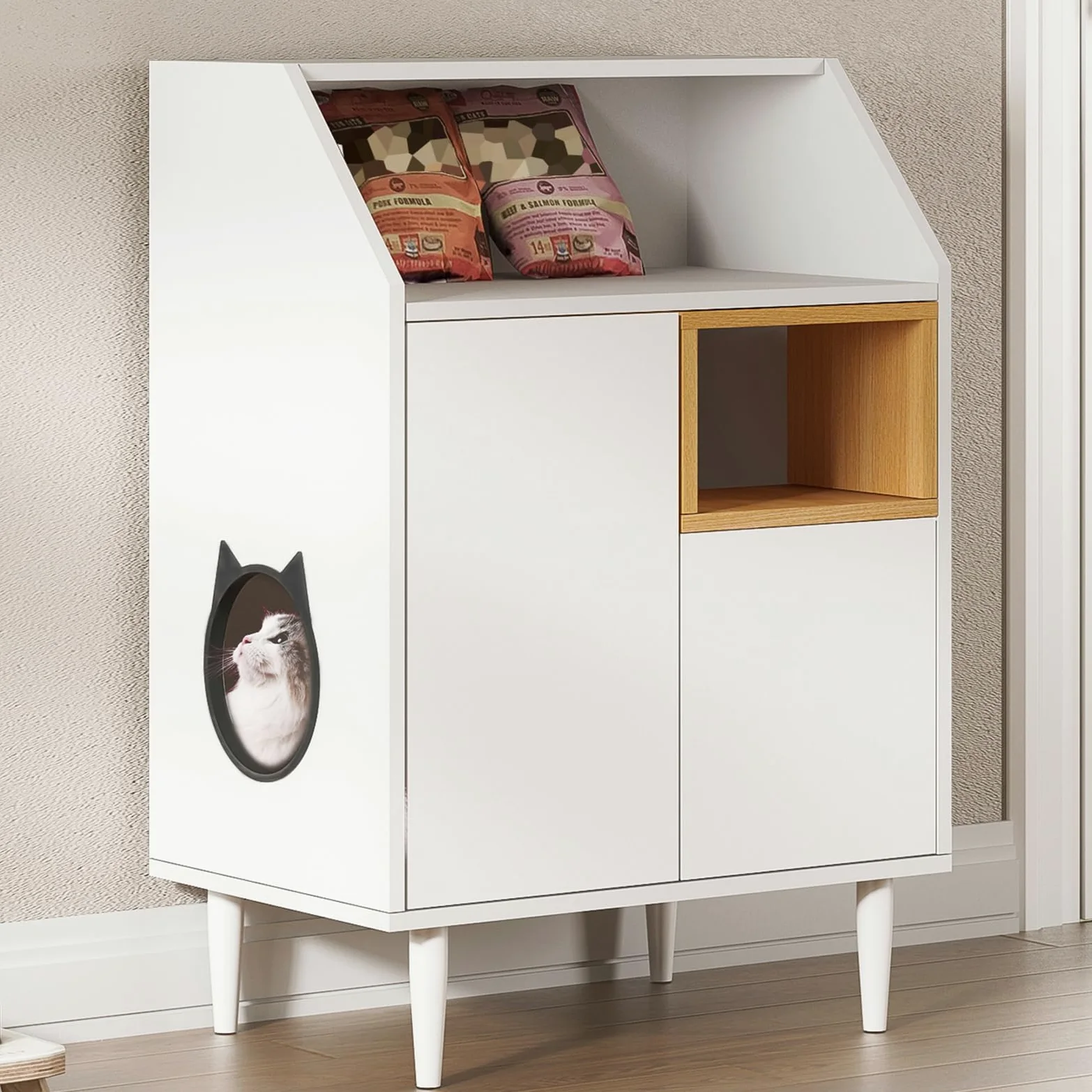 SDHYL Enceintes de bac à Litière Chat Meuble Cachée Armoire de Rangement Salon pour Chat 63 x 42.5 x 92cm Maison pour Chats d'intérieur avec 2 Trous, Ouvert en Haut