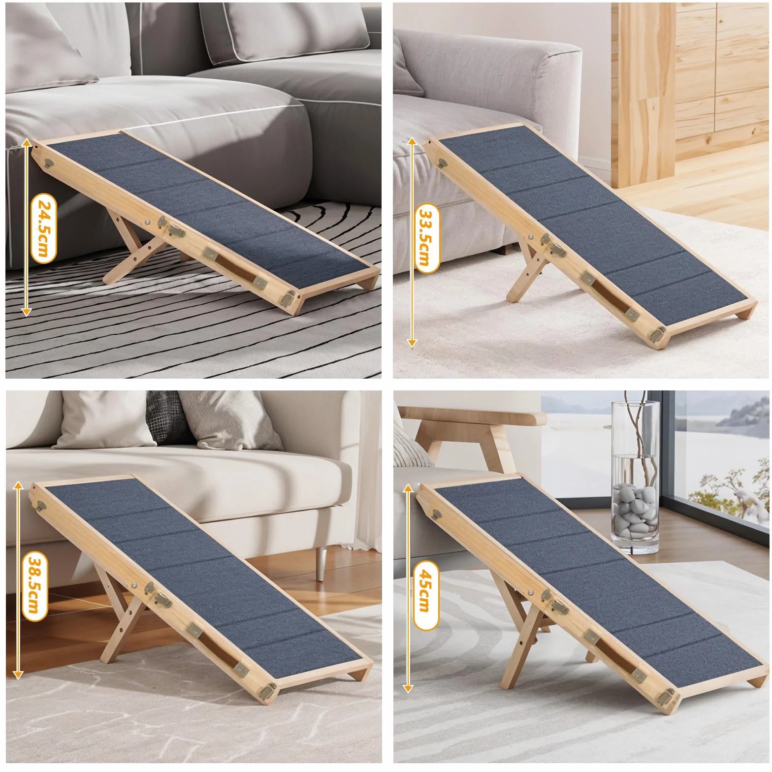 Rampe pour chien en bois, Escalier pour chien 4 marches Réglable de 24,5 cm à 45 cm, Rampe pour chien avec coussin antidérapant pour canapé, voiture, lit, Rampes pour chien pliables pour