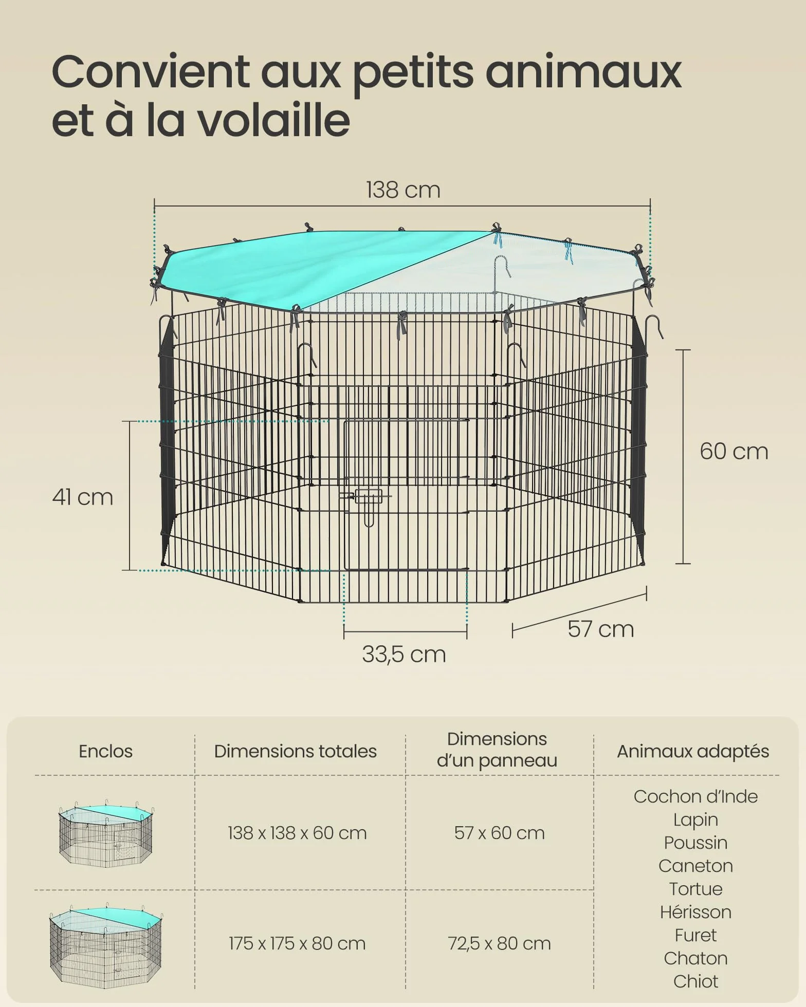 SONGMICS Enclos pour Petits Animaux 8 Panneaux 138 x 138 x 60 cm Noir d'encre avec Toit Respirant Protection Solaire