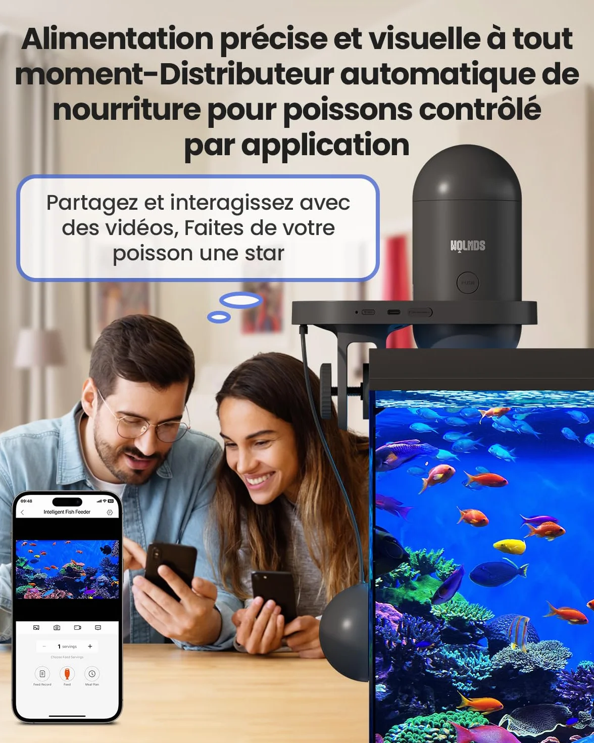 Mangeoire pour Poissons Automatique WOLMDS avec Caméra 2.5K et WiFi/App, 230ml Étanche, Gris Foncé